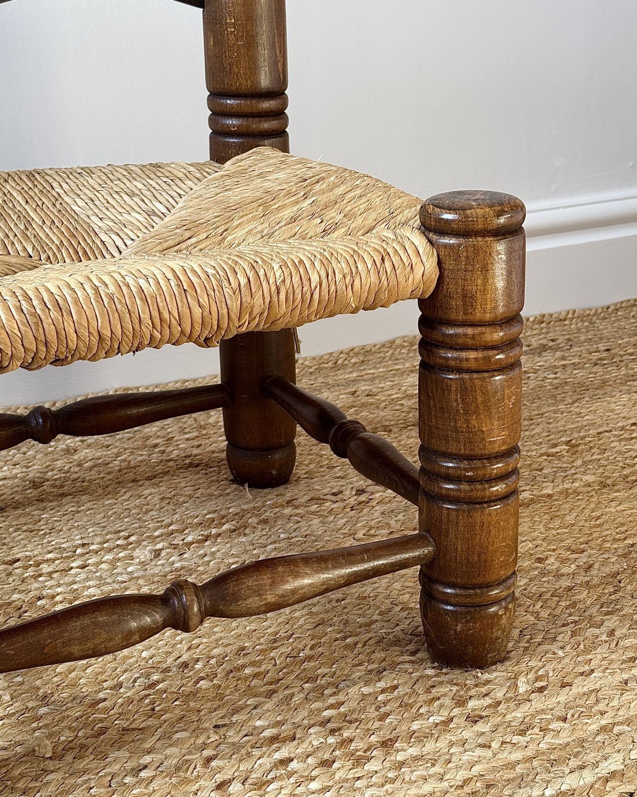 1940s French Oak & Rush Low Armchair, In The Manner Of Charles Dudouyt photo for sale