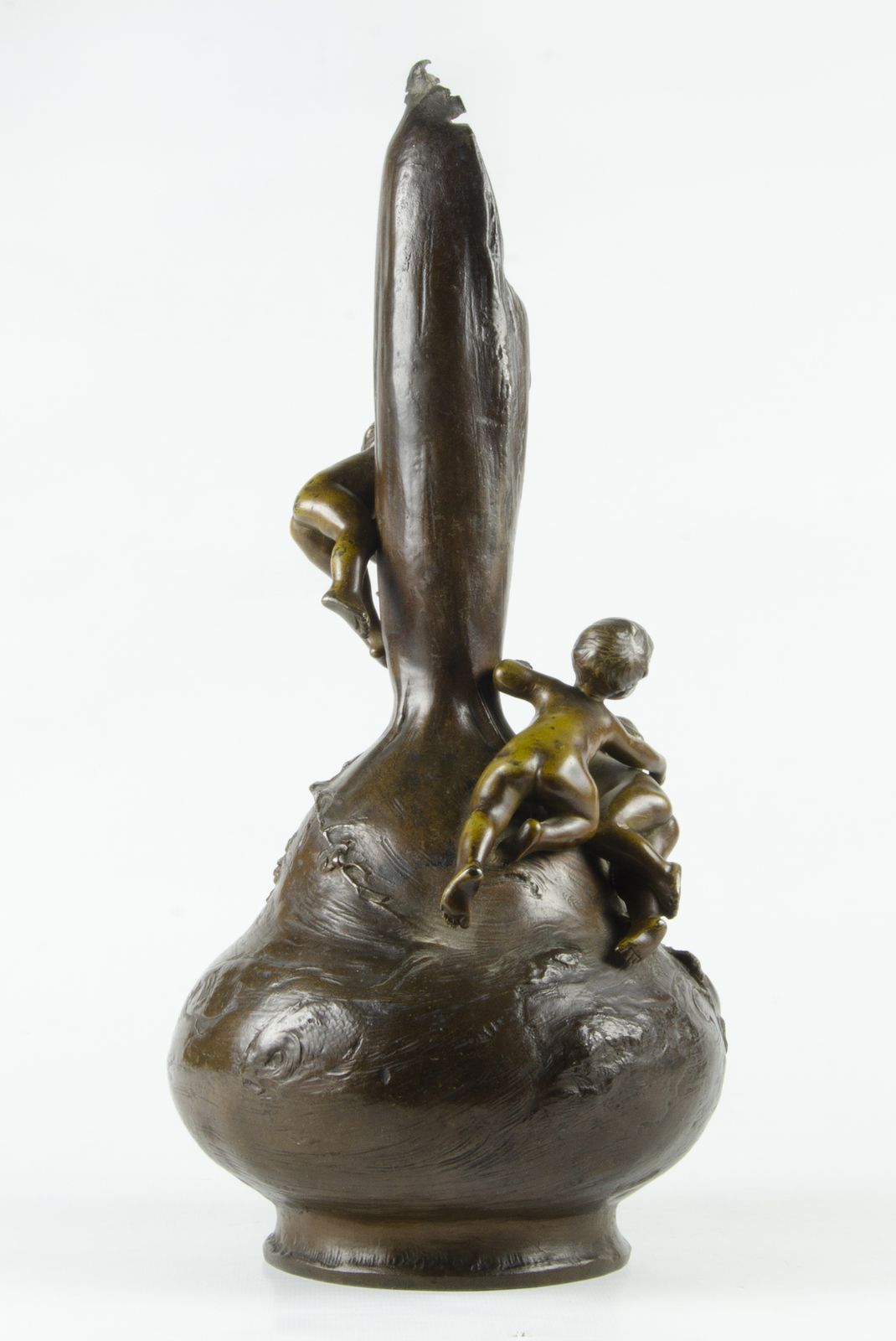Pair Of Late 19th Century Art Nouveau Patinated Bronze Vases With Children Fishing By Austrian Author Ignar Mansch, France photo Home Decor