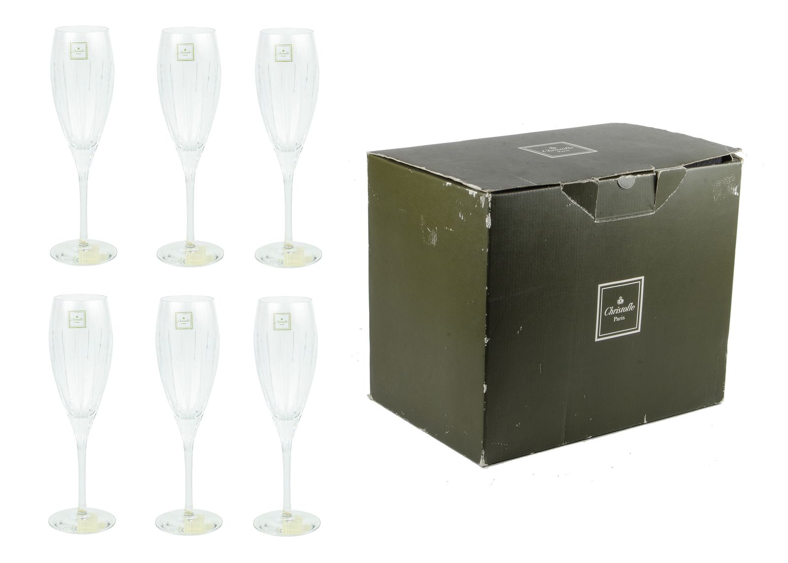 1990s Blown Crystal Champagne Flutes From The 'Iriana' Collection With Box By Christofle, France