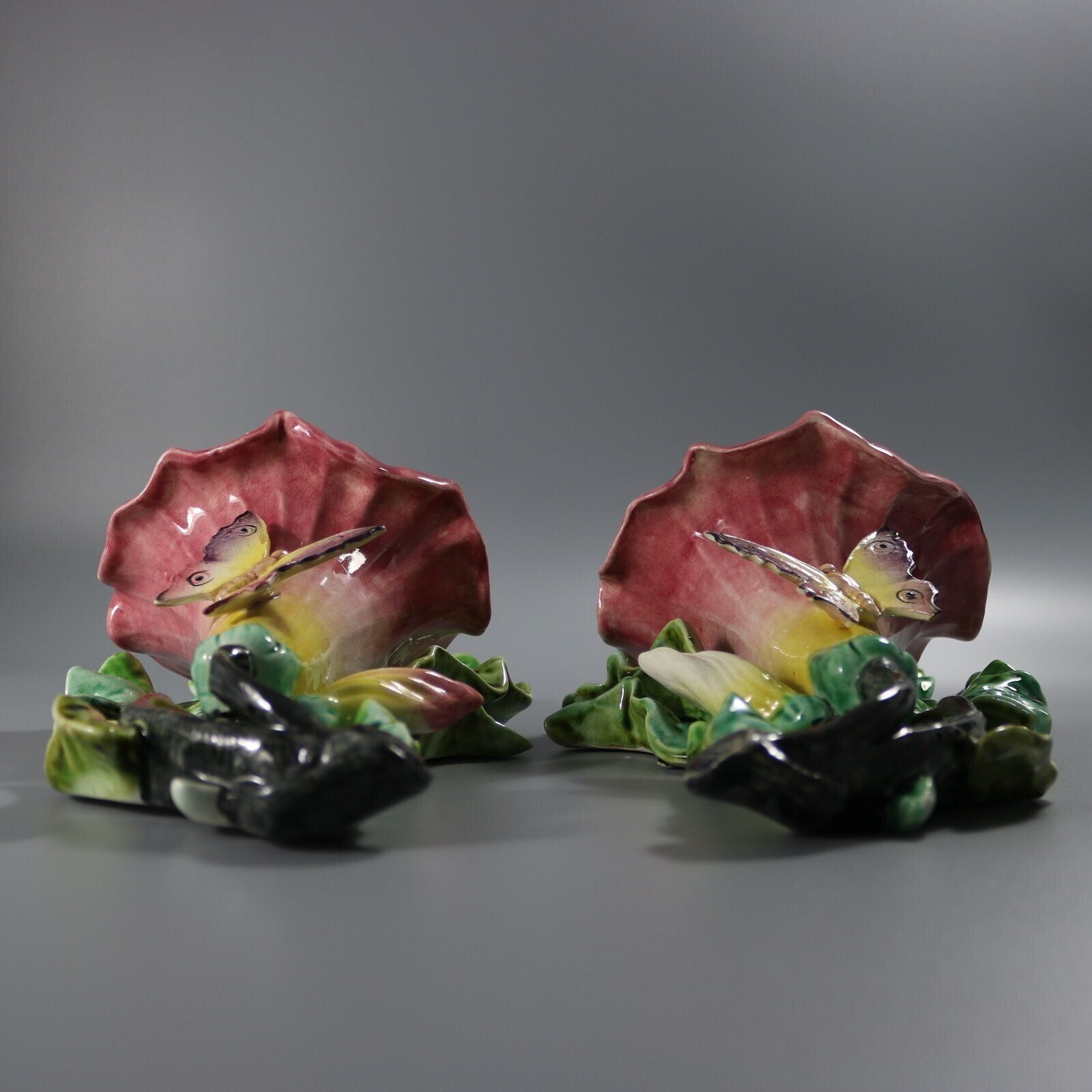 Pair Fives Lille Majolica Butterfly Wall Pockets photo furniture