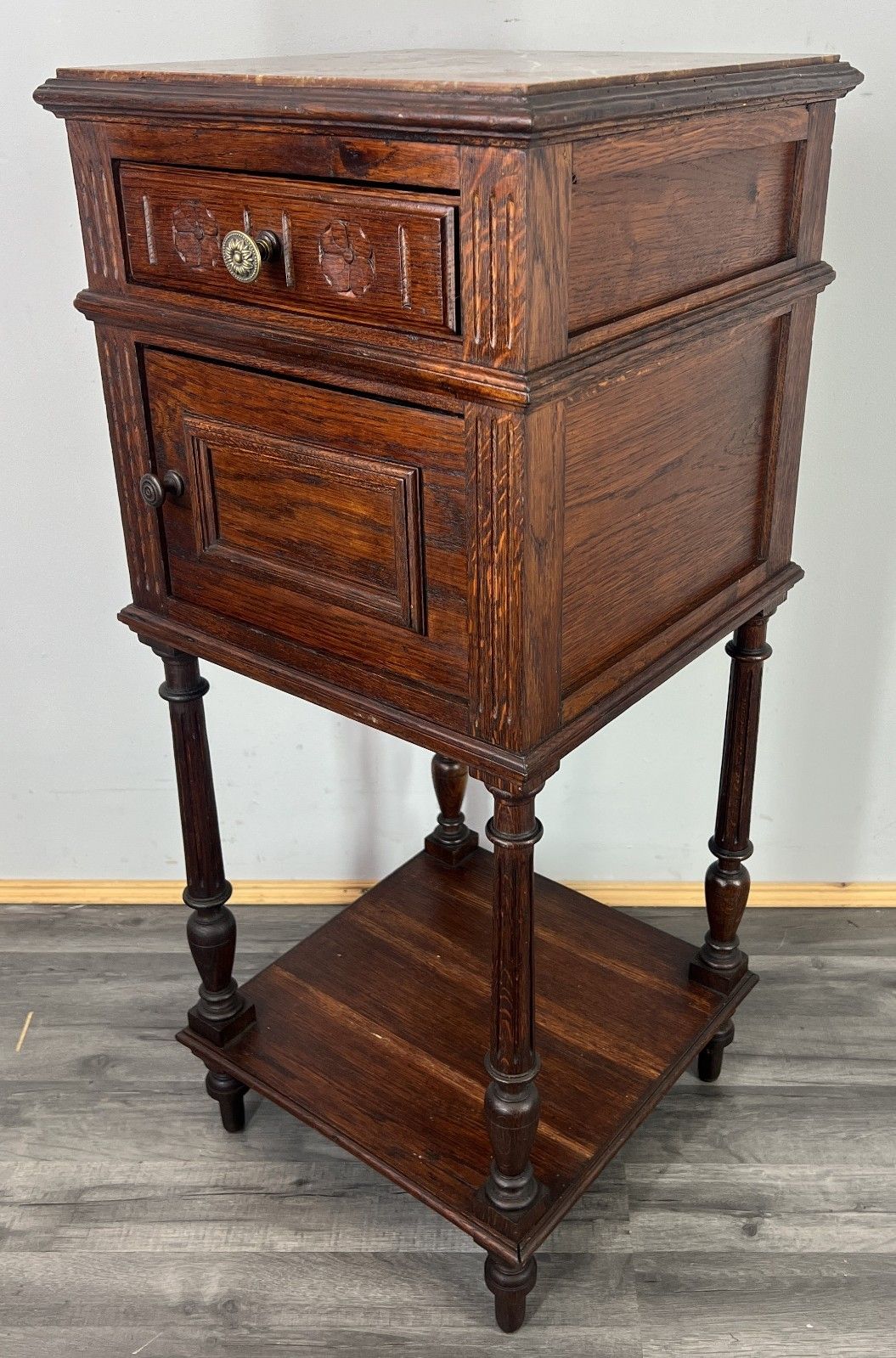 Bedside Table Antique French Oak Marble Top Cabinet Nightstand Lot 4806 photo furniture