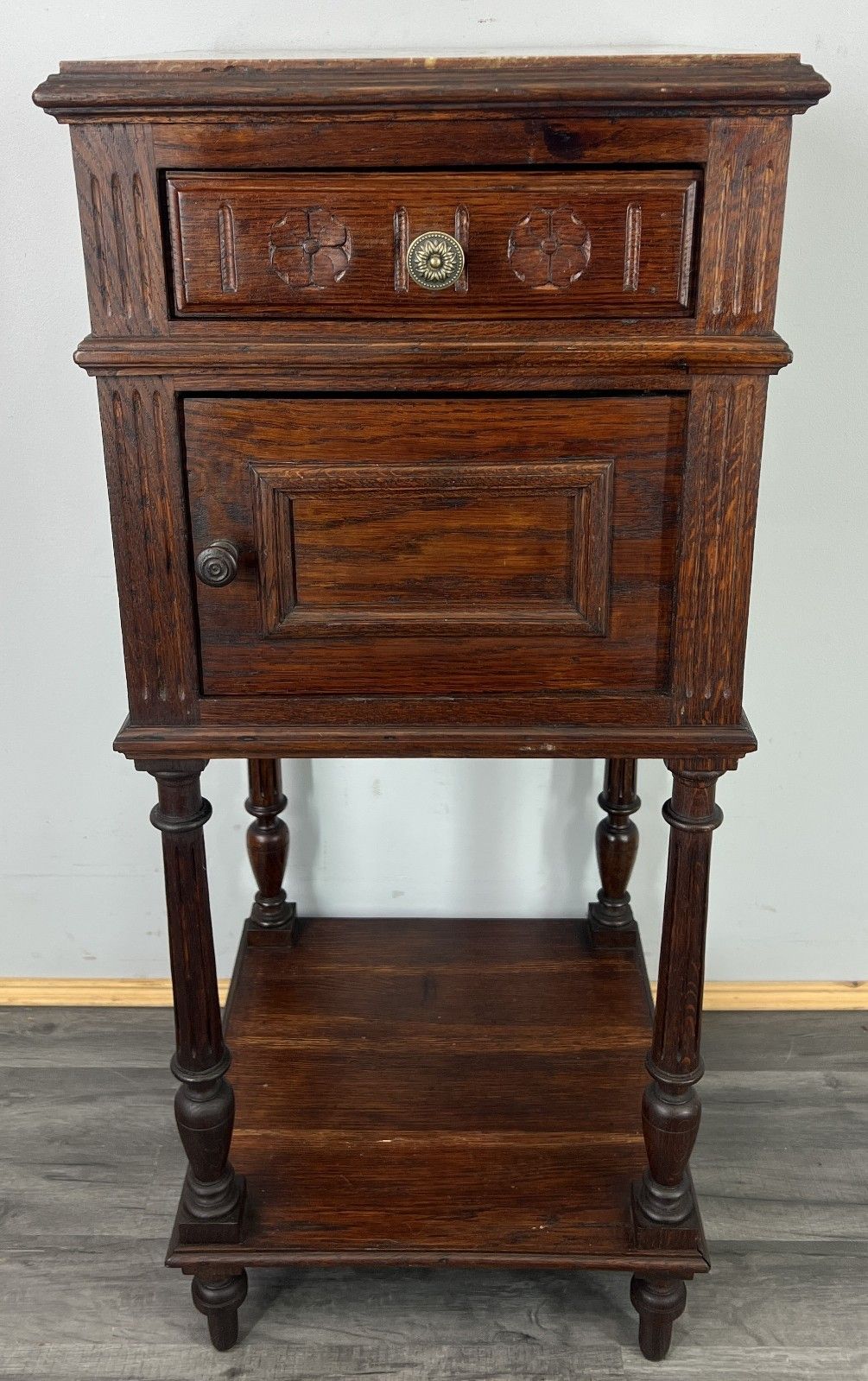 Bedside Table Antique French Oak Marble Top Cabinet Nightstand Lot 4806 photo for sale