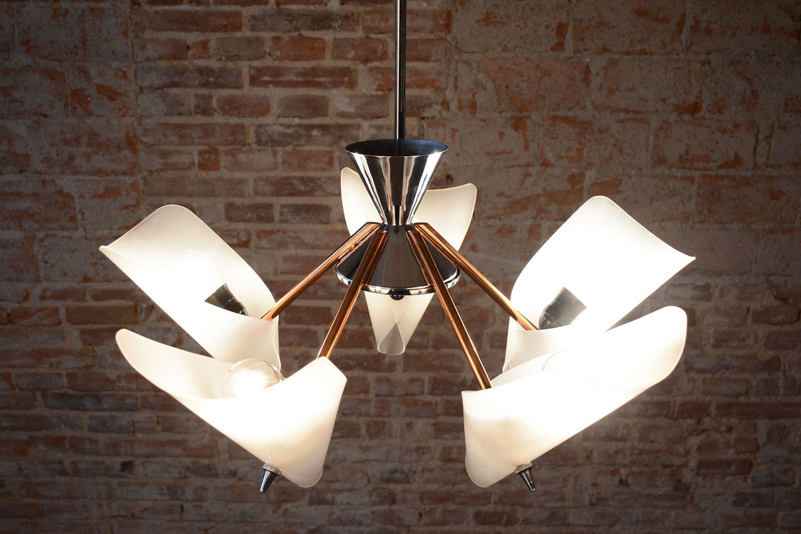 photo furniture Restored Mid Century Chandelier, By Drukov, Copper, Chrome, Czech, 1960s