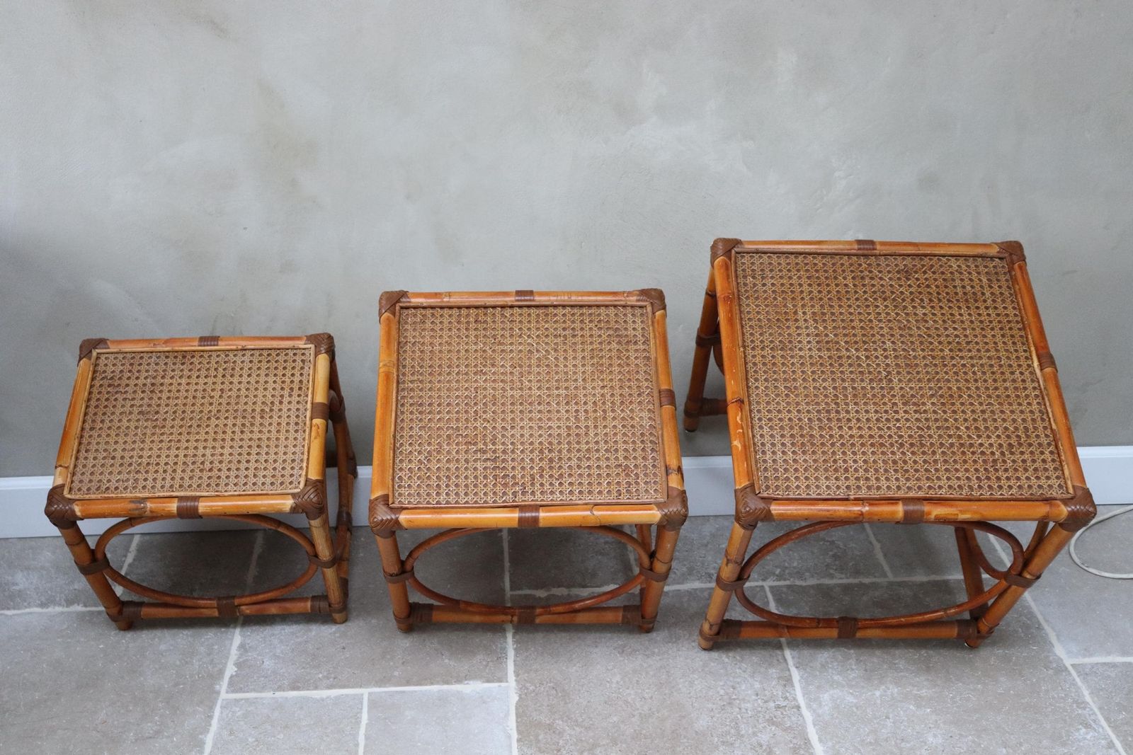 photo buy Set Of Vintage Natural Rattan Nesting Tables (St. 280)