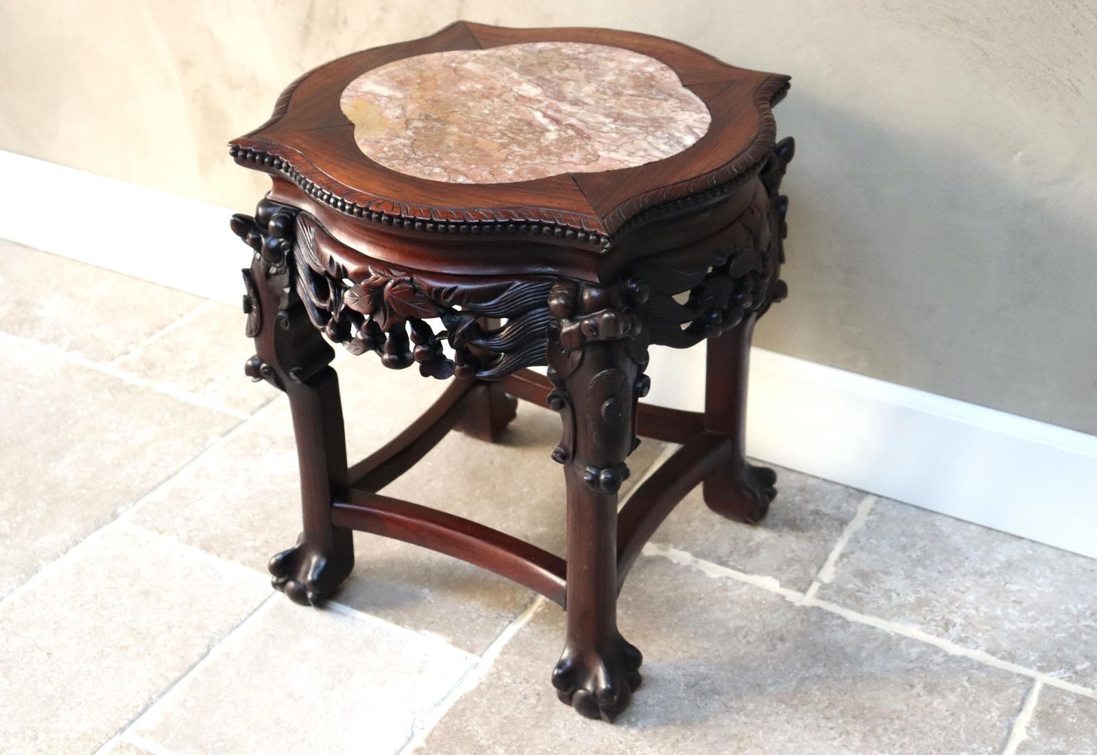 Carved Wood Plant Stand, Marble Top, Asian Style Accent Table (St.275) photo for sale