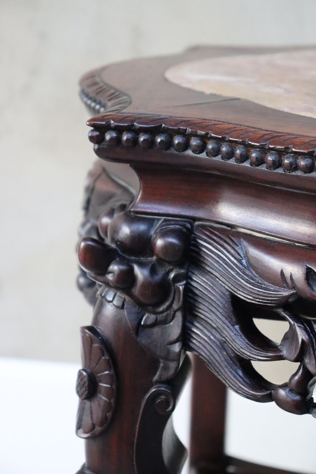 Home Decor Carved Wood Plant Stand, Marble Top, Asian Style Accent Table (St.275) photo