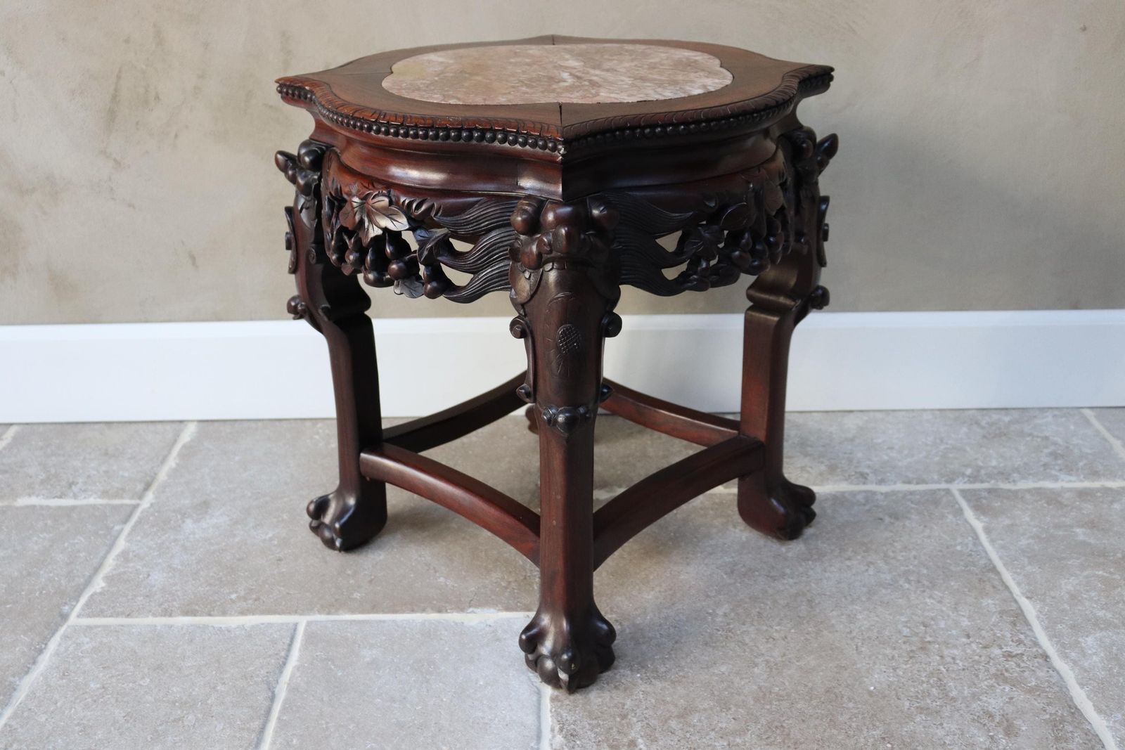 photo vintage Carved Wood Plant Stand, Marble Top, Asian Style Accent Table (St.275)
