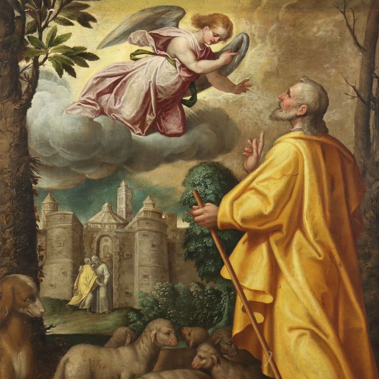 Antique Painting Saint Joachim And The Angel Oil On Canvas XVI Century photo for sale