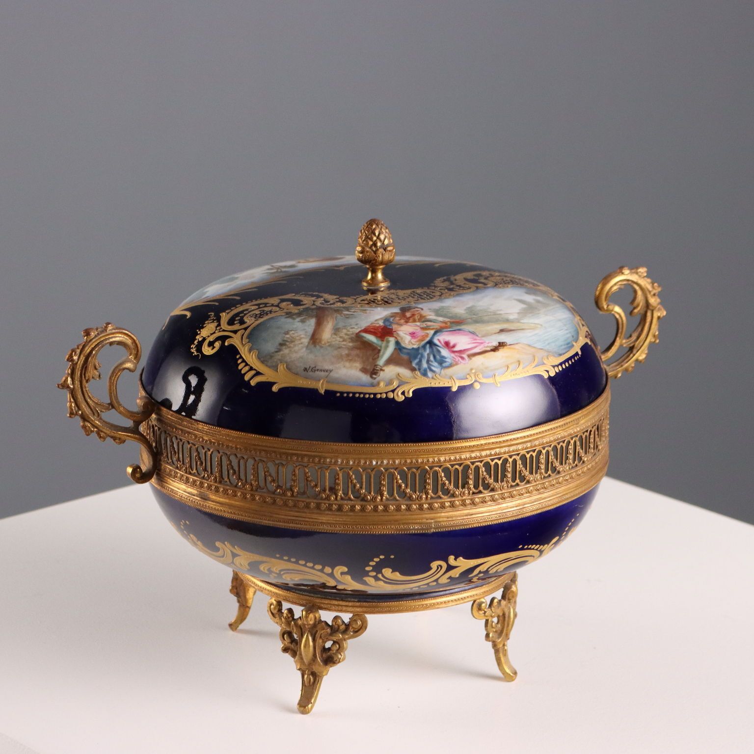Antique Box Bronze Cobalt Blue Porcelain France XX Century