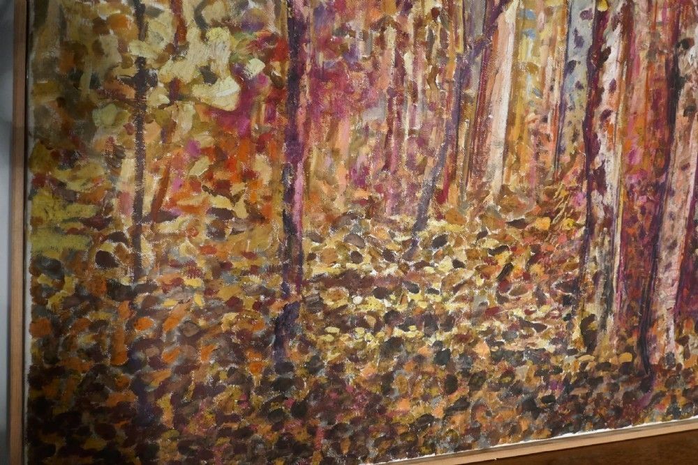 Large Oil/Acrylic On Canvas, Owl Flying Out Of The Woods At Dusk photo for sale