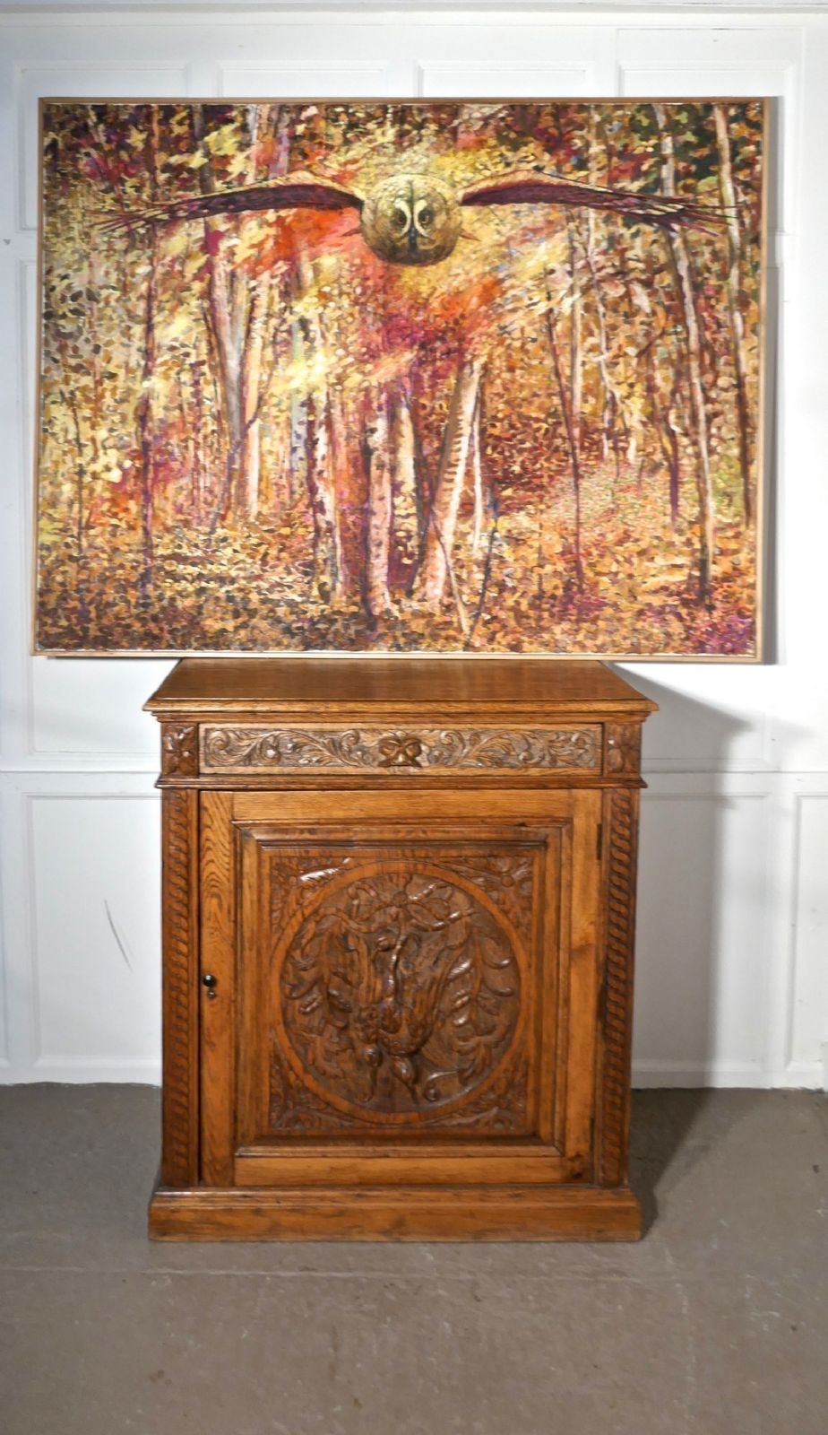 Large Oil/Acrylic On Canvas, Owl Flying Out Of The Woods At Dusk photo vintage