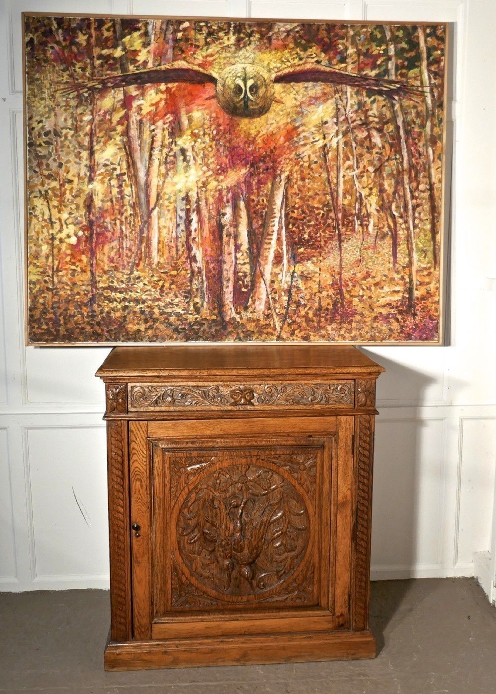 photo furniture Large Oil/Acrylic On Canvas, Owl Flying Out Of The Woods At Dusk