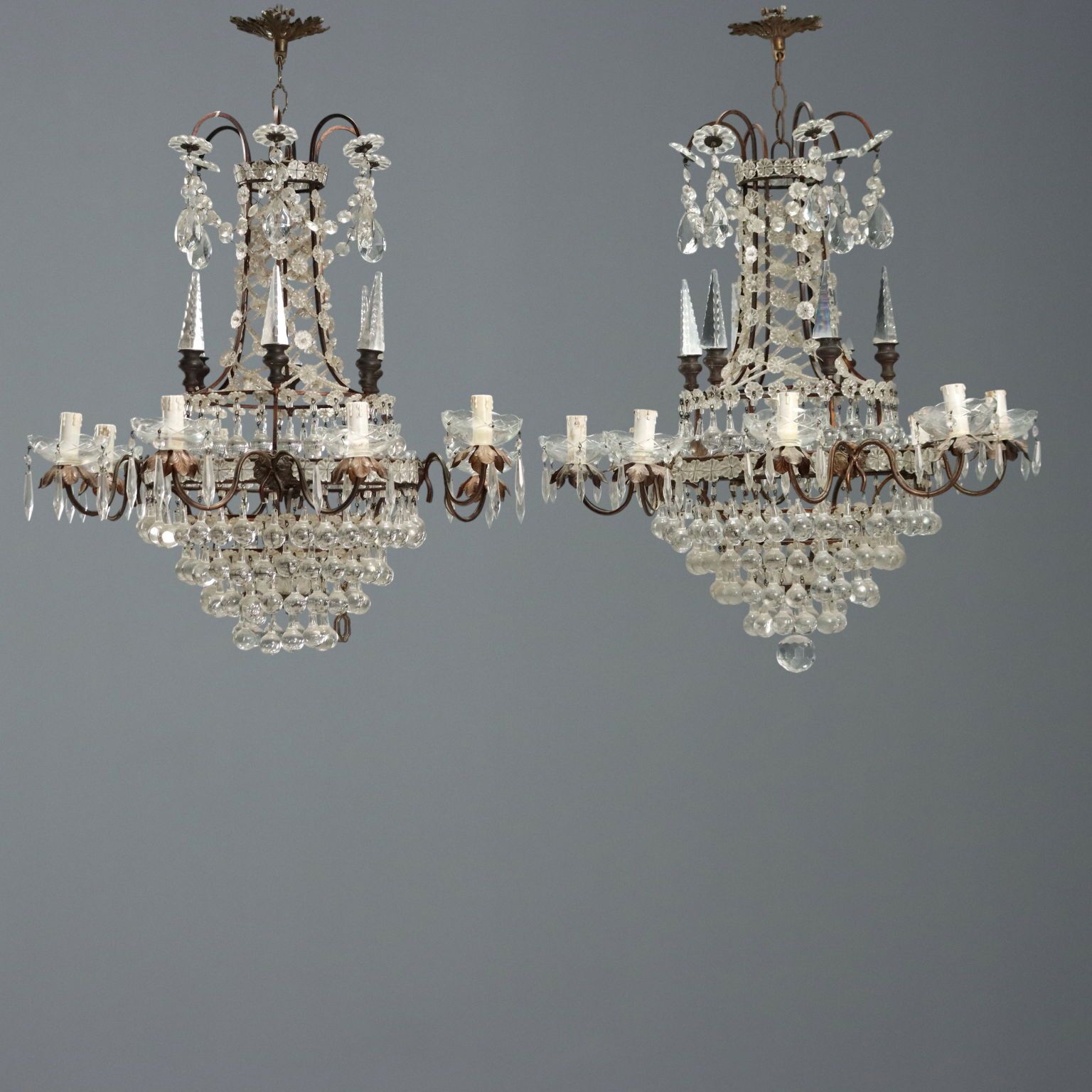Antique Chandeliers Burnished Metal Glass 8 Lights XX Century