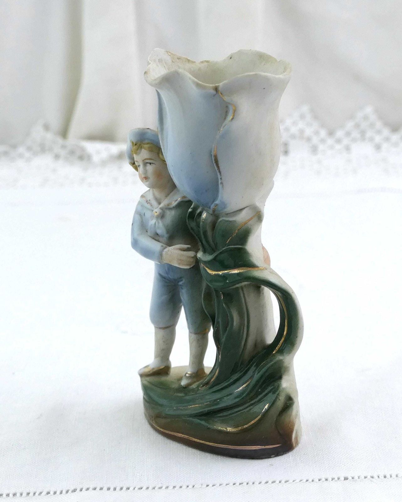 Antique German Bisque Porcelain China Figurine Boy With Large Tulip Flower Vase #2189, Retro Late Victorian Ceramic Collectible Germany photo for sale