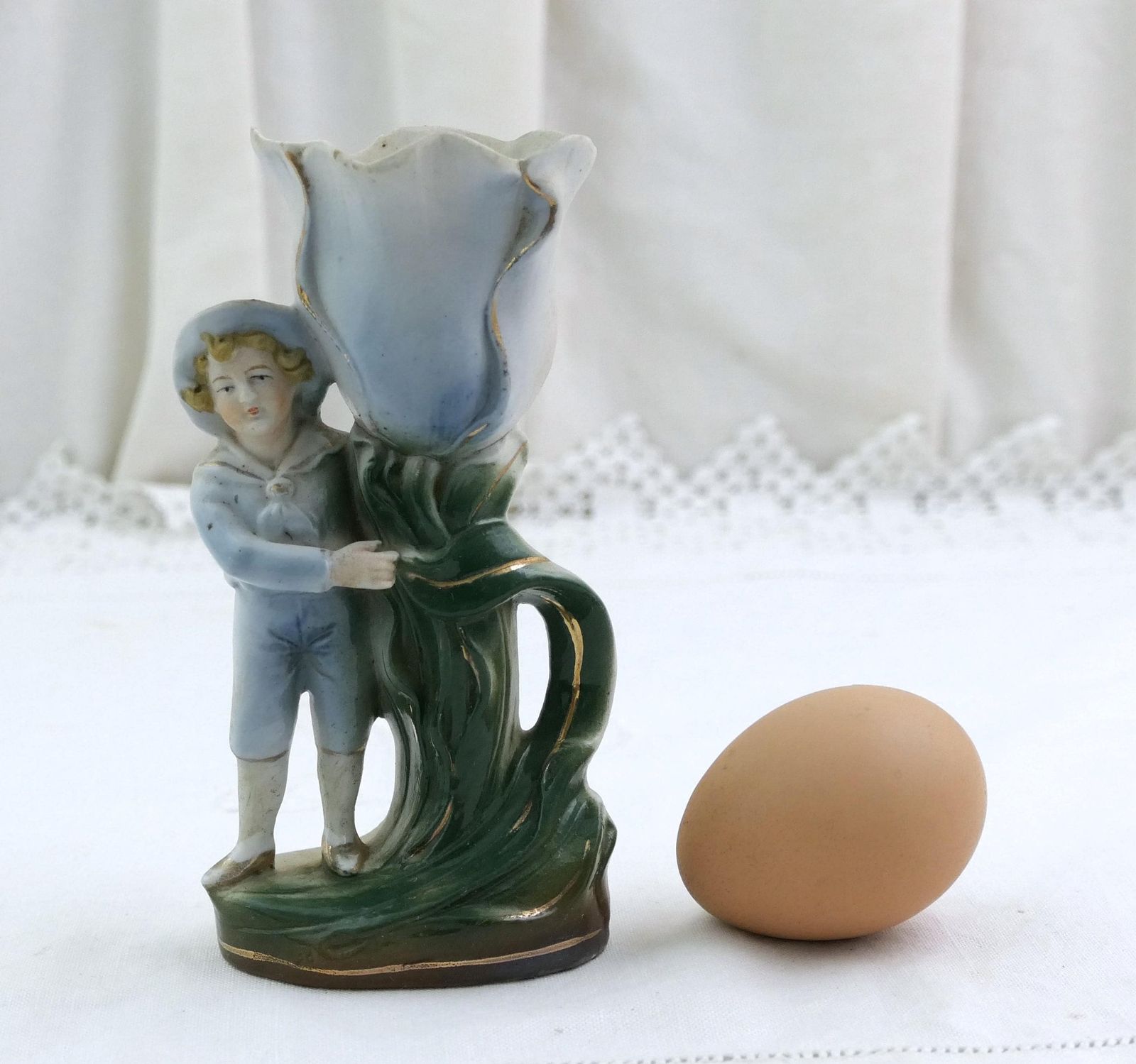 Antique German Bisque Porcelain China Figurine Boy With Large Tulip Flower Vase #2189, Retro Late Victorian Ceramic Collectible Germany photo vintage
