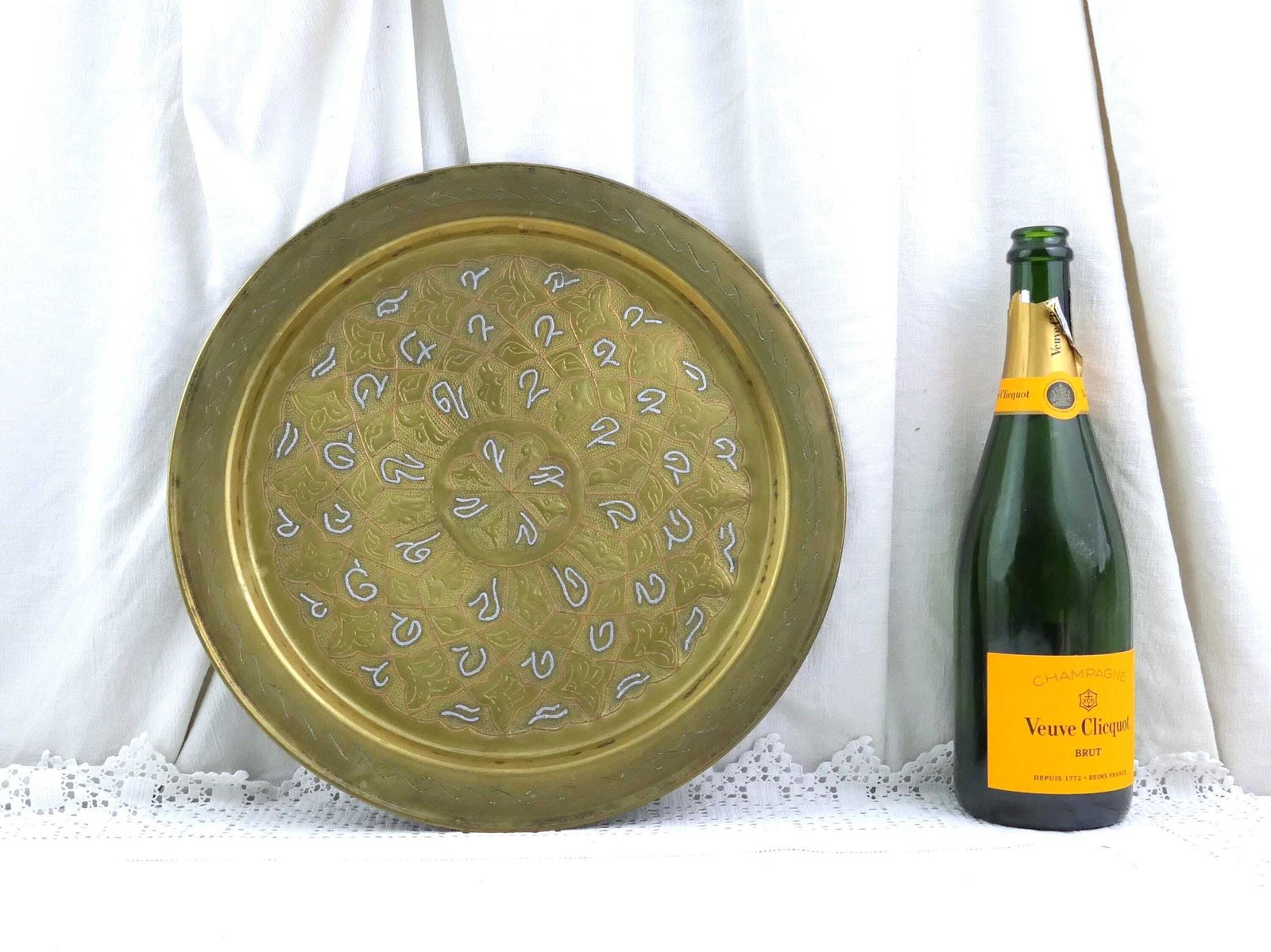Antique Round Islamic Arabic Brass Tray With Inlayed Metal Pattern, Retro Moorish Engraved Gold Tone Platter From North Africa, Wall Charger photo 80.0