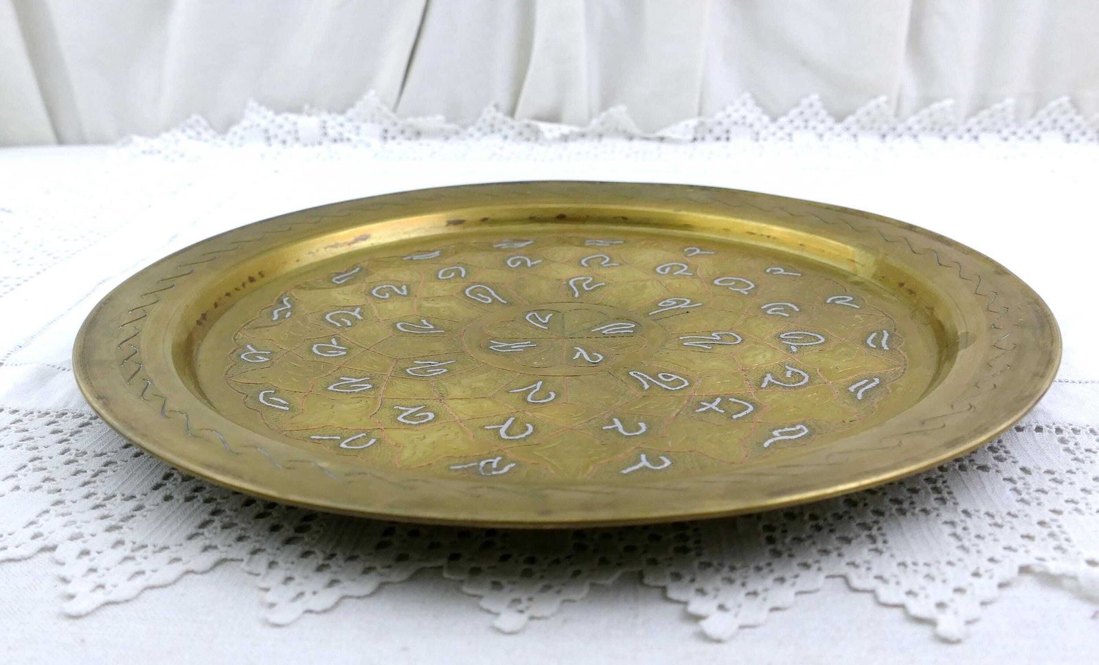 photo furniture Antique Round Islamic Arabic Brass Tray With Inlayed Metal Pattern, Retro Moorish Engraved Gold Tone Platter From North Africa, Wall Charger