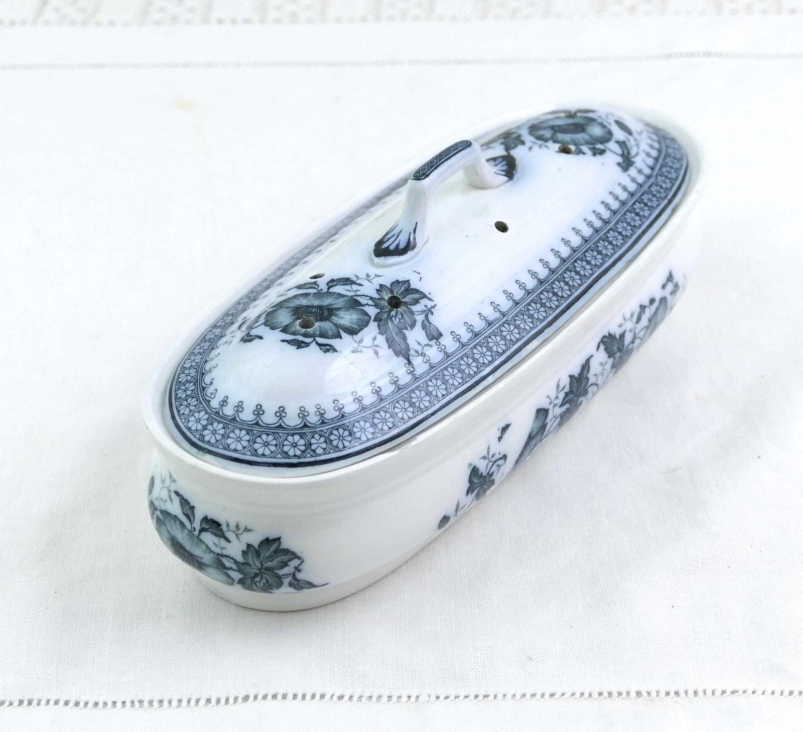 Antique French White China Toothbrush Holder With Blue Poppy Flower Pattern, Retro Razor Bathroom Pottery Box From France, Upcycled Pencil photo for sale