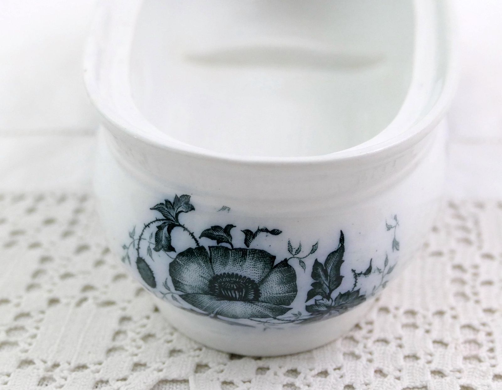 Antique French White China Toothbrush Holder With Blue Poppy Flower Pattern, Retro Razor Bathroom Pottery Box From France, Upcycled Pencil photo 71.0