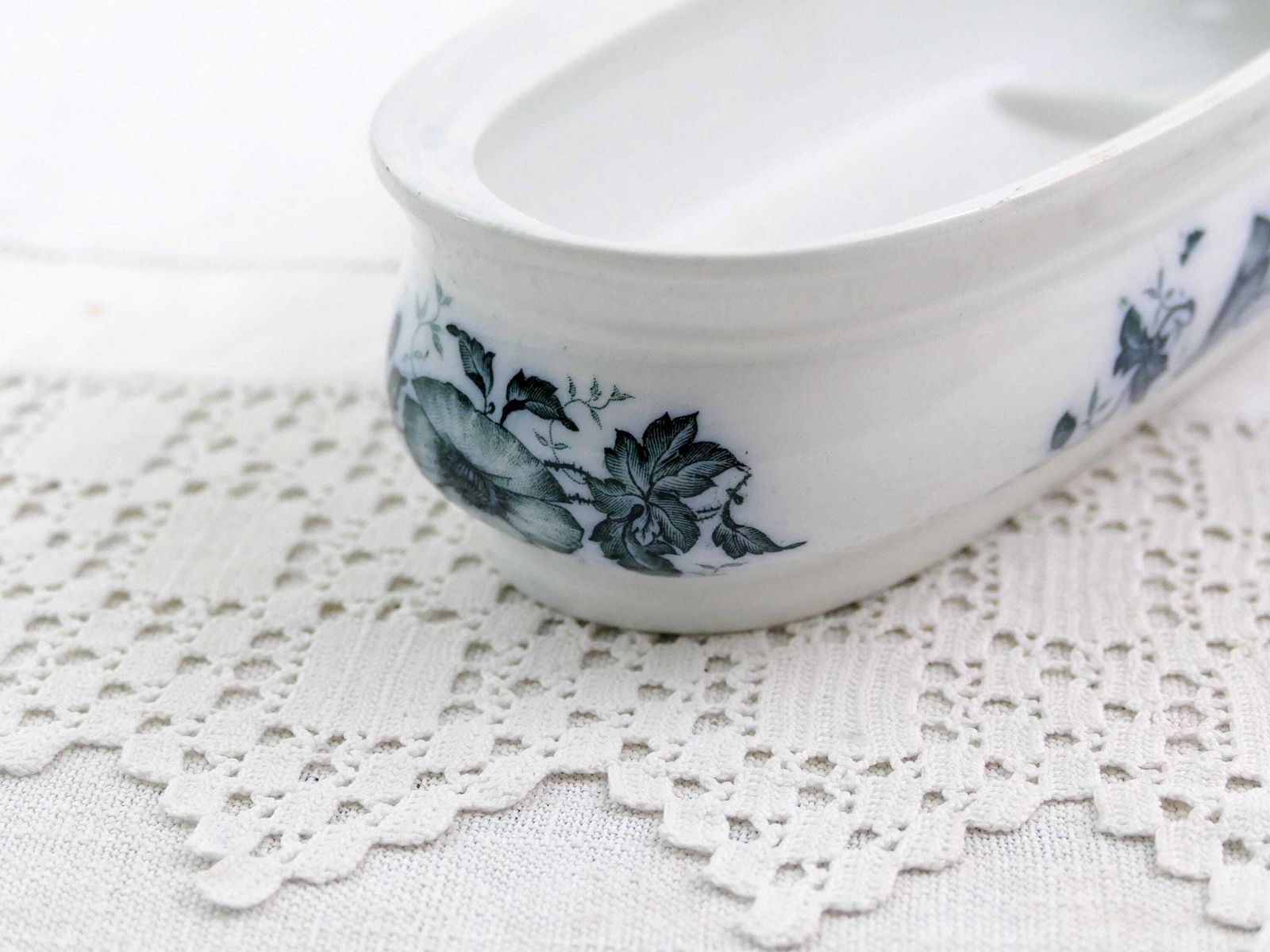 Antique French White China Toothbrush Holder With Blue Poppy Flower Pattern, Retro Razor Bathroom Pottery Box From France, Upcycled Pencil photo buy