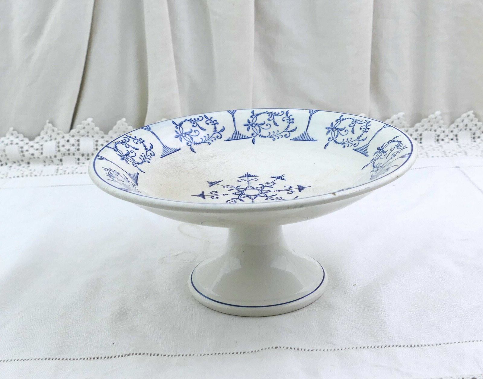 Antique French Blue And White China Compote Dish Moulin Des Loups Saxe Model, Vintage Victorian Pottery Pedestal Footed Bowl Cake Stand photo vintage