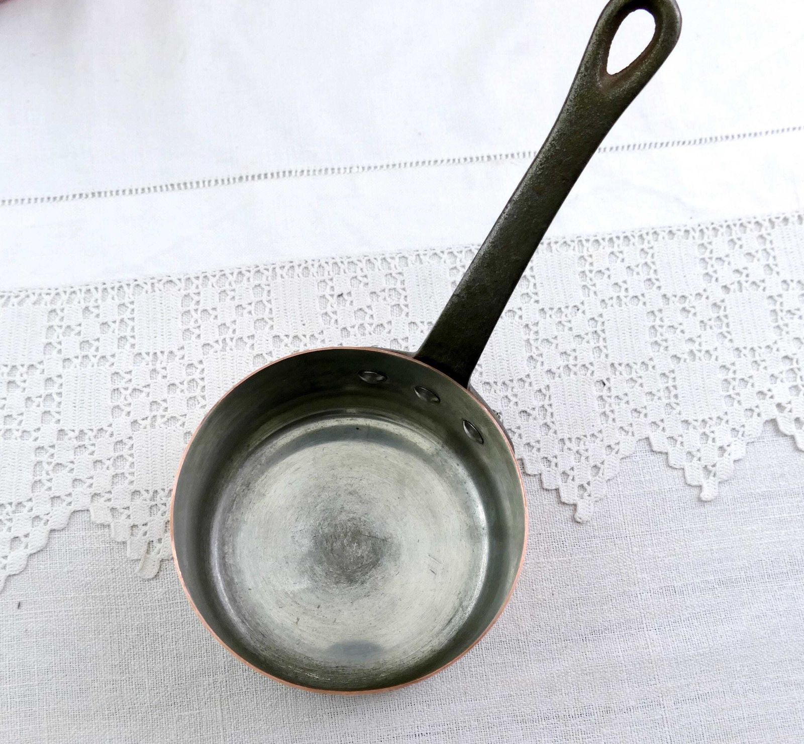 Vintage French Copper Saucepan Pan Set Of 5 Made In France Tin 1mm 7lbs, Retro Traditional Cuisine Kitchen, Old Style Cooking Europe photo for sale