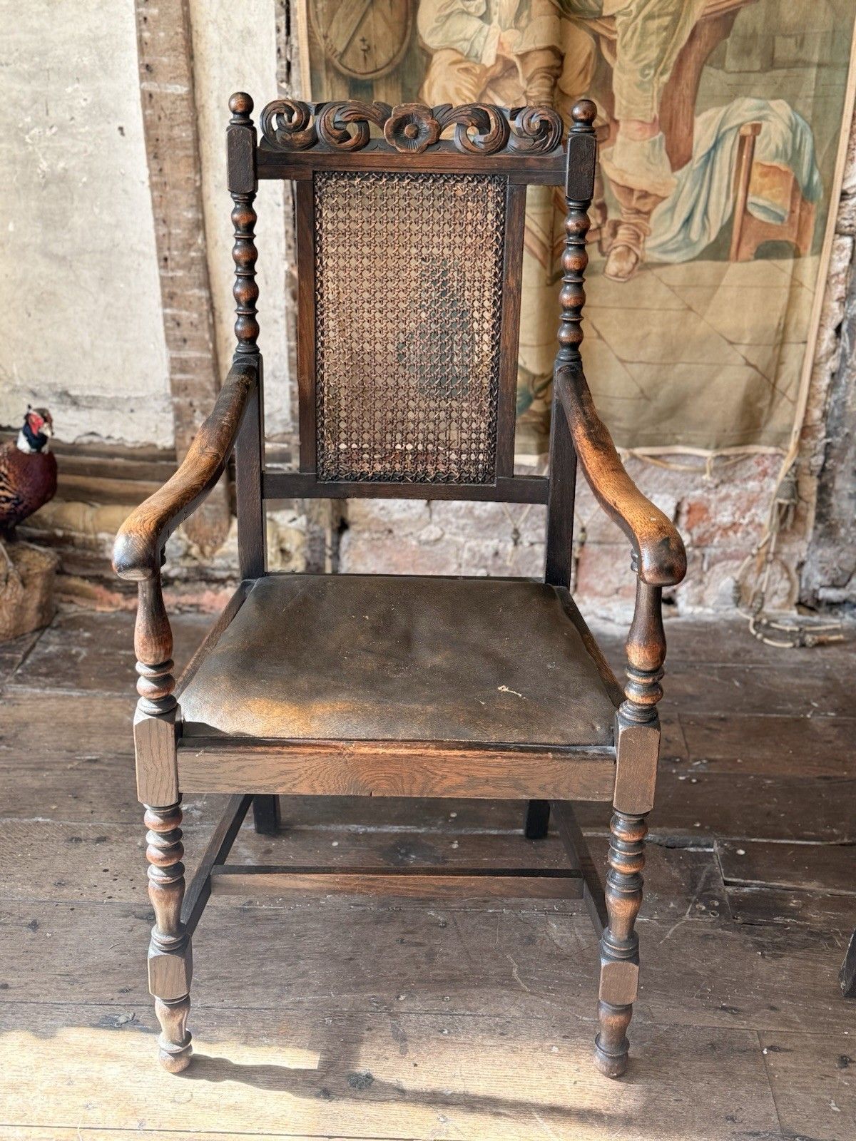 Pair Antique Oak Drop In Brown Leather Cane William And Mary Chairs Chair  X  2 photo Furniture