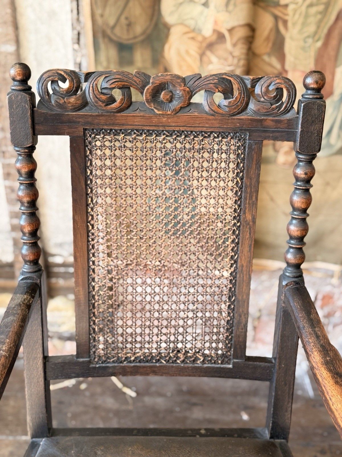Pair Antique Oak Drop In Brown Leather Cane William And Mary Chairs Chair  X  2 photo buy