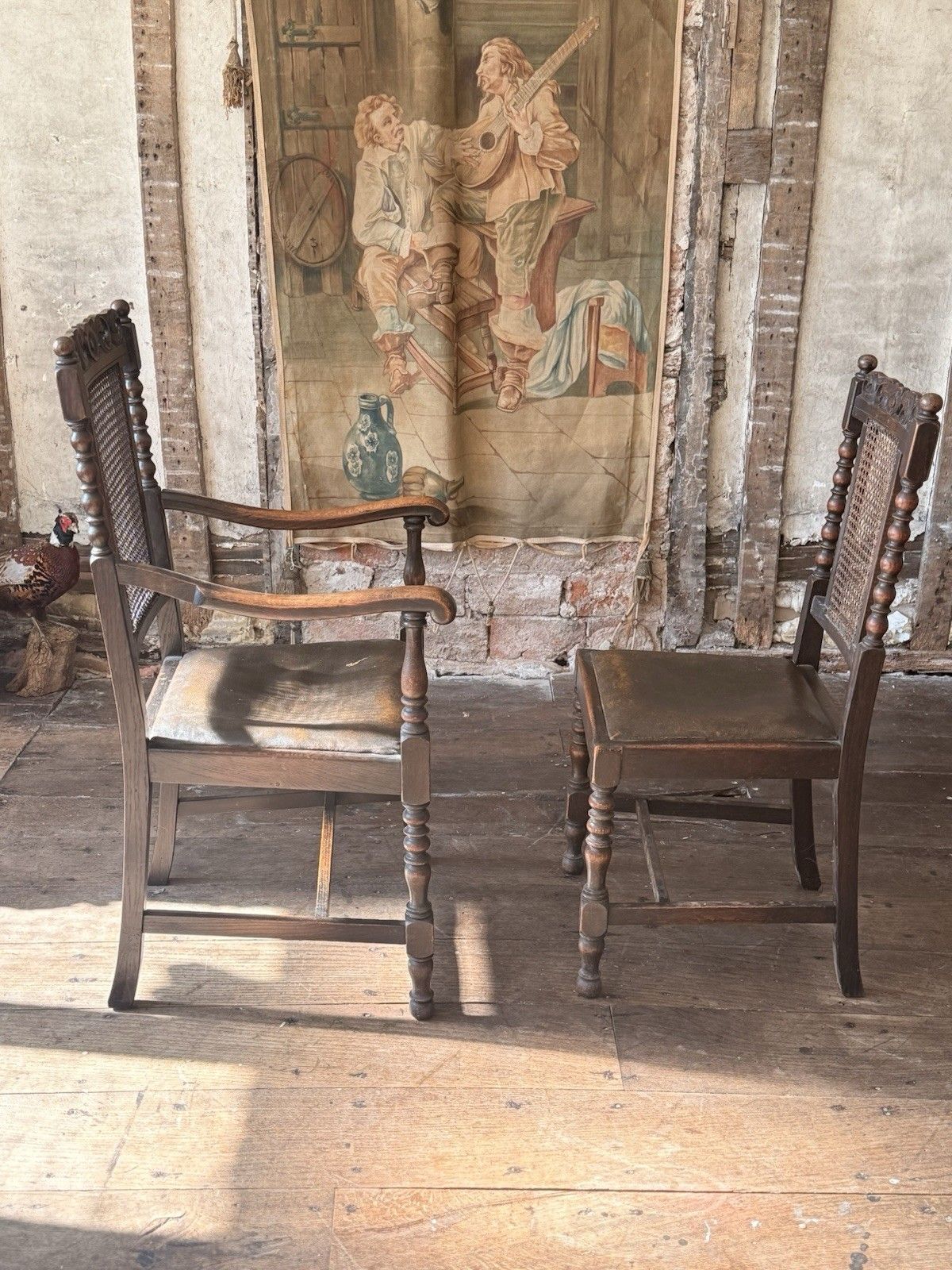 photo furniture Pair Antique Oak Drop In Brown Leather Cane William And Mary Chairs Chair  X  2