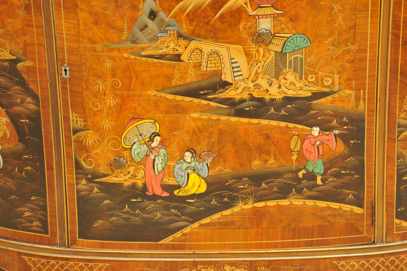 Antique C.1910 Chinoiserie Demi Lune Cabinet Hand Painted Gilt Asian Decor photo buy