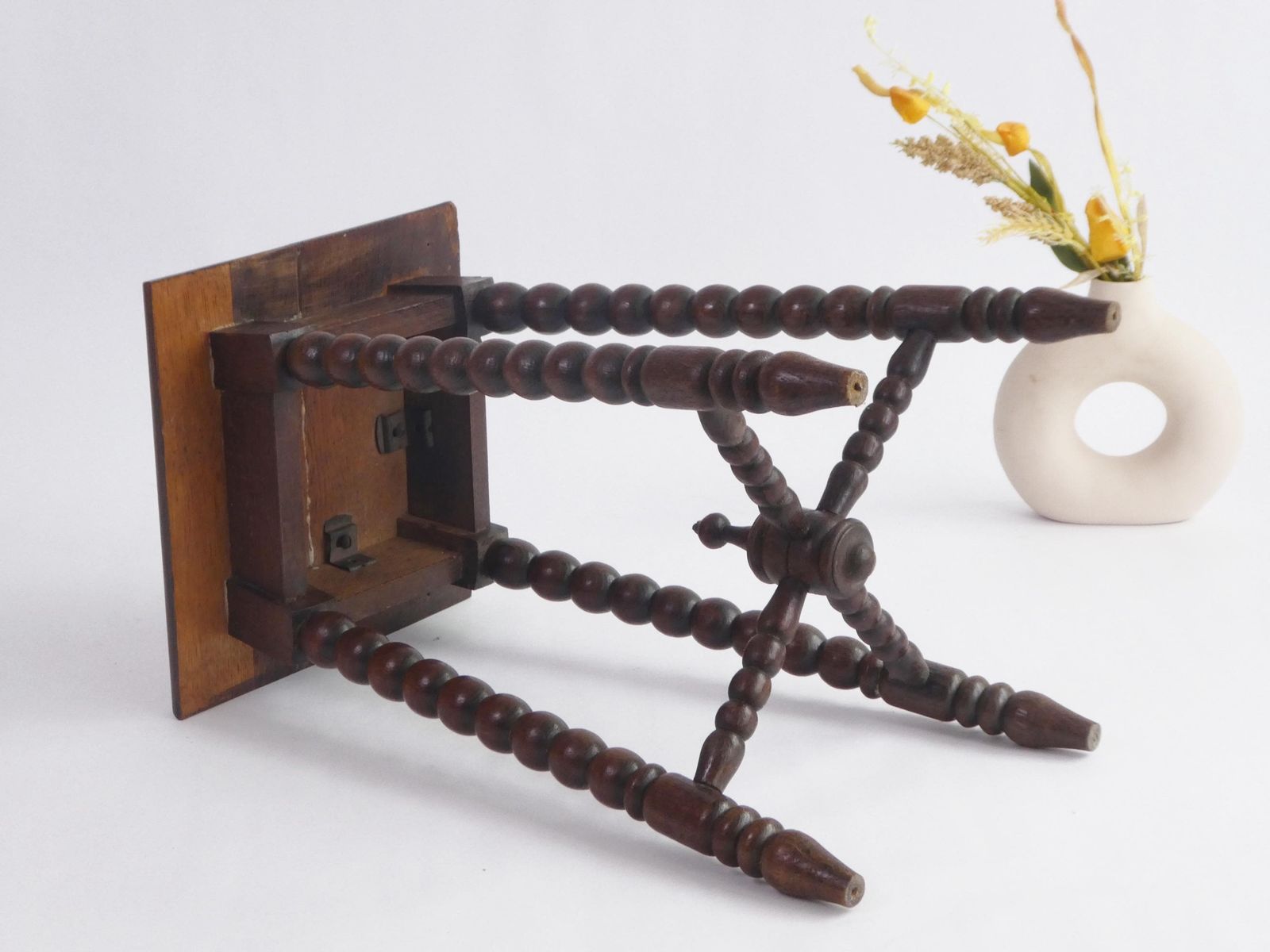 Antique Wooden Bobbin Carved Stool, Rectangular Small Floral Plant Stand photo vinterior