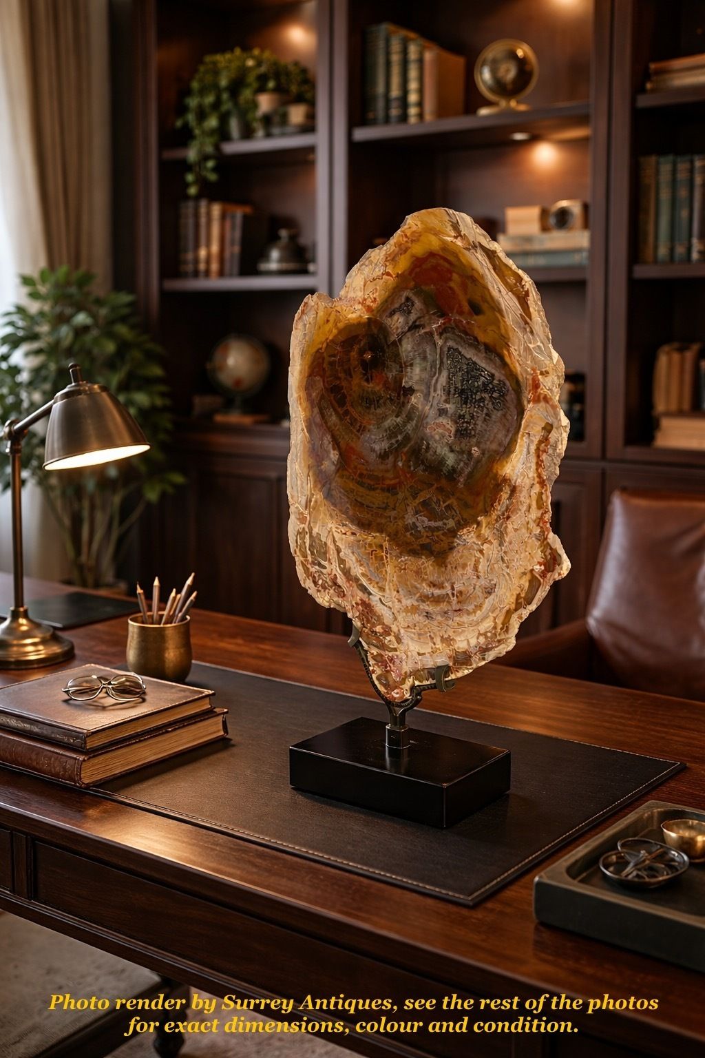 A Large Fossilised Or Petrified Wood Specimen, Polished And Mounted On A Bespoke Stand, Circa 120 To 240 Million Years Old photo vintage