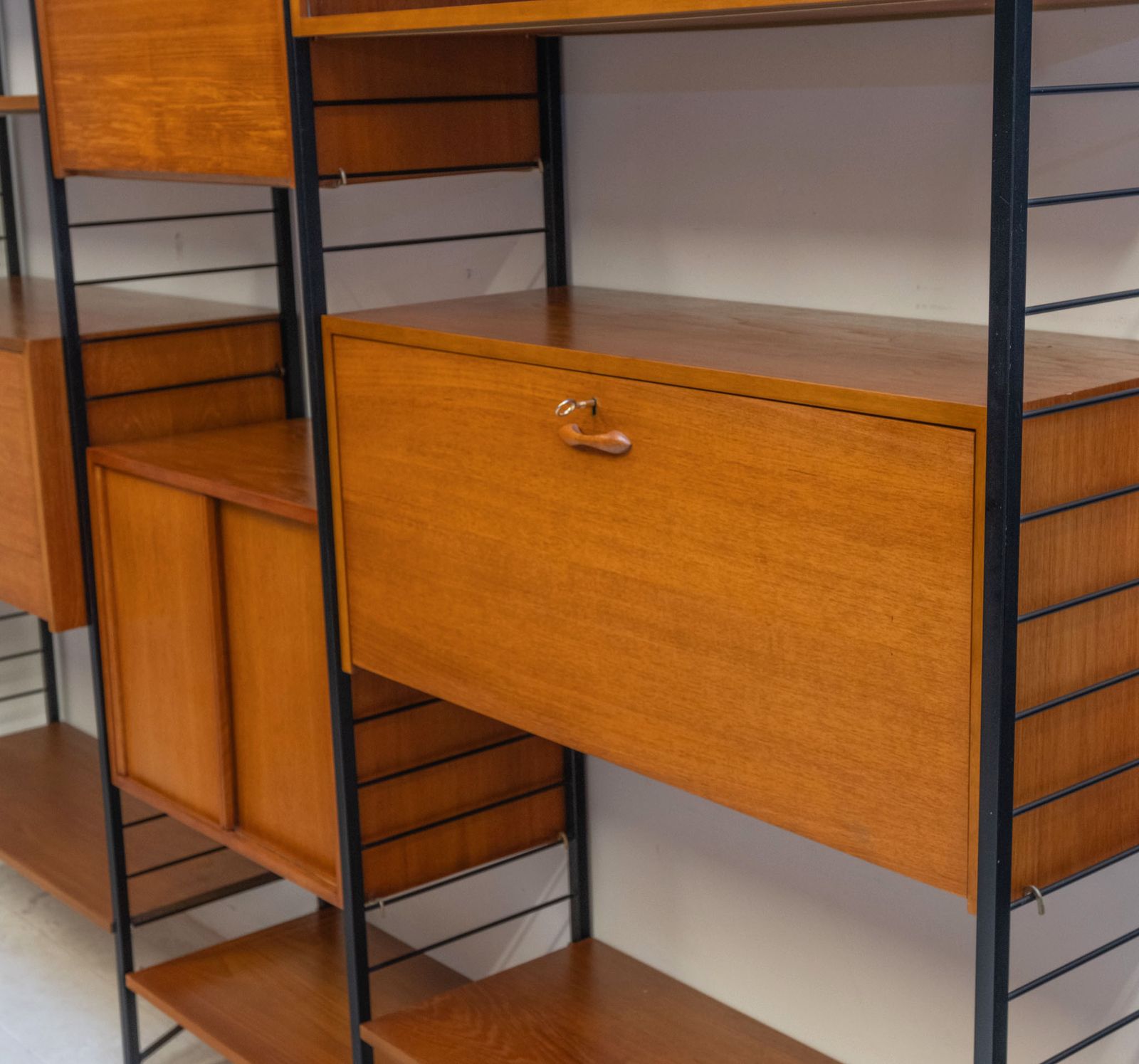 Mid Century Ladderax Six Bay Shelving System, Desk Drinks Cabinet Staples photo for sale