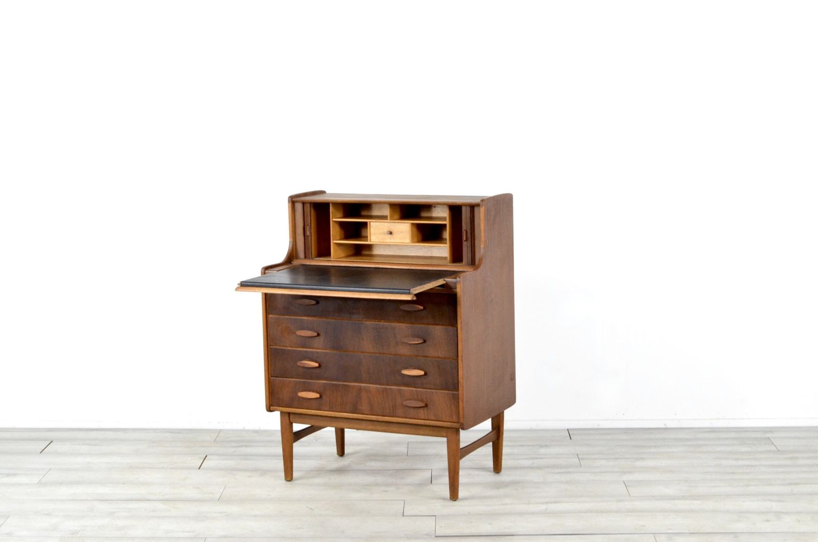 Vintage Midcentury Teak And Walnut Desk Bureau With Tambour Doors By Welters Of Wycombe photo vintage