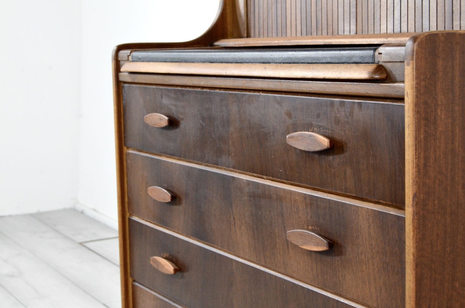 photo for sale Vintage Midcentury Teak And Walnut Desk Bureau With Tambour Doors By Welters Of Wycombe