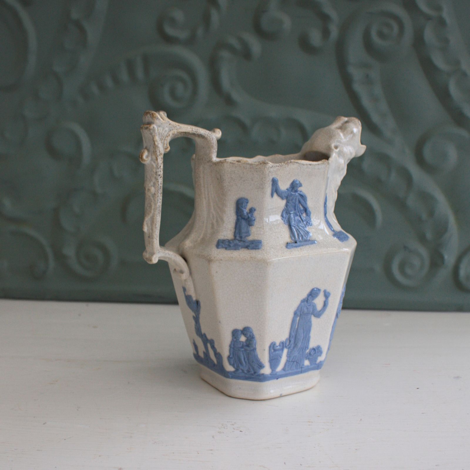 Antique Staffordshire Porcelain Pitcher Blue On White With Lion Head Spout photo for sale