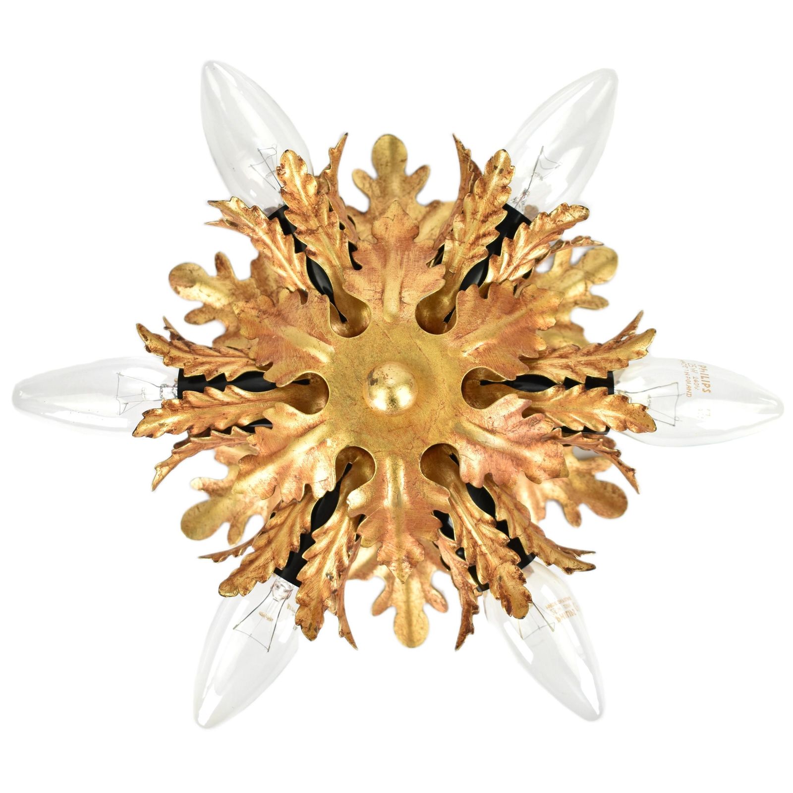 Mid Century Gold Plated Flower Palm Leaf Flush Mount Banci Firenze Italy Vintage Ceiling Light Fixture Lamp Hollywood Regency 1960