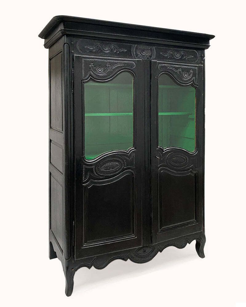 19th C Black Vitrine Marriage Armoire photo for sale