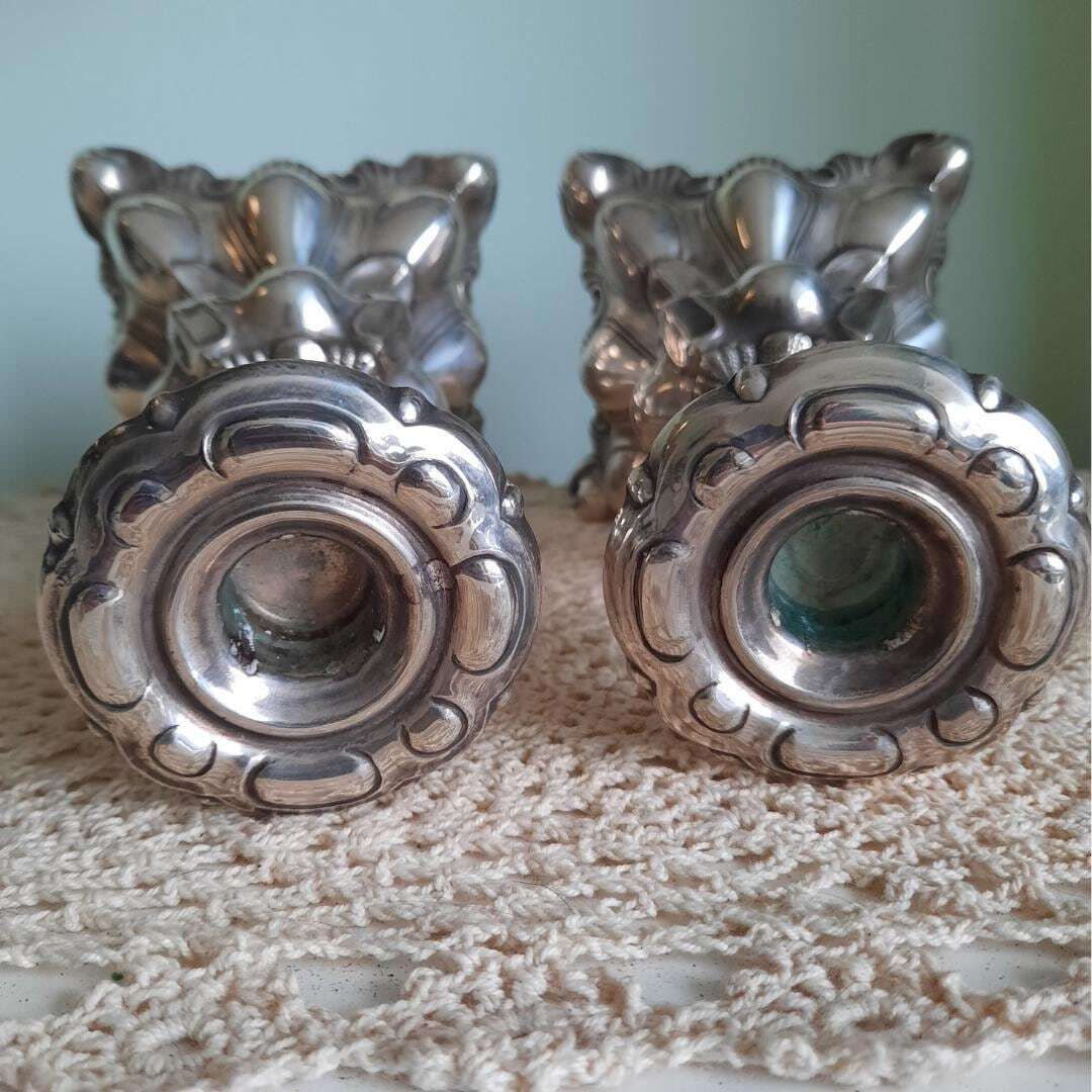 Antique Scandinavian Baroque Nickel Silver Candlestick Holders Pair Marked Prima Ns Alp Made In Sweden Early 1900's. photo vinterior
