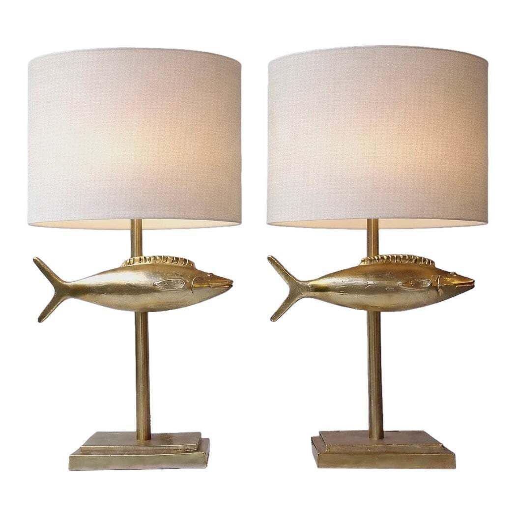 Pair Of Fish Lamps Gilt Metal. France, 1990s