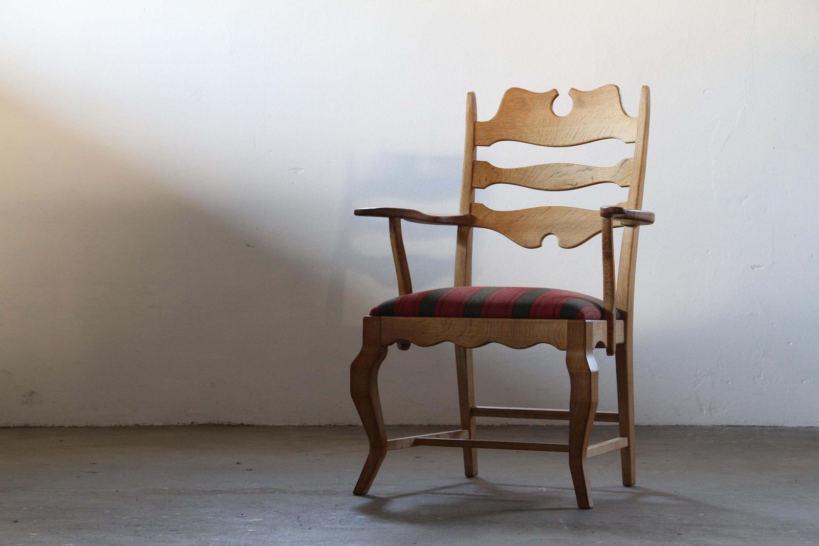 Vintage Brutalist Oak Razorblade Red Striped Armchair By H. Kjærnulf, 1960s photo vinterior