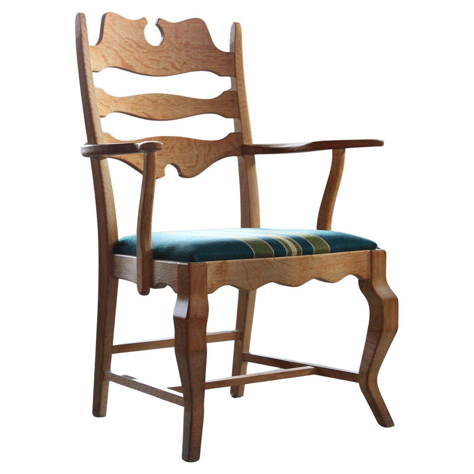 Vintage Brutalist Oak Razorblade Green Striped Armchair By H. Kjærnulf, 1960s