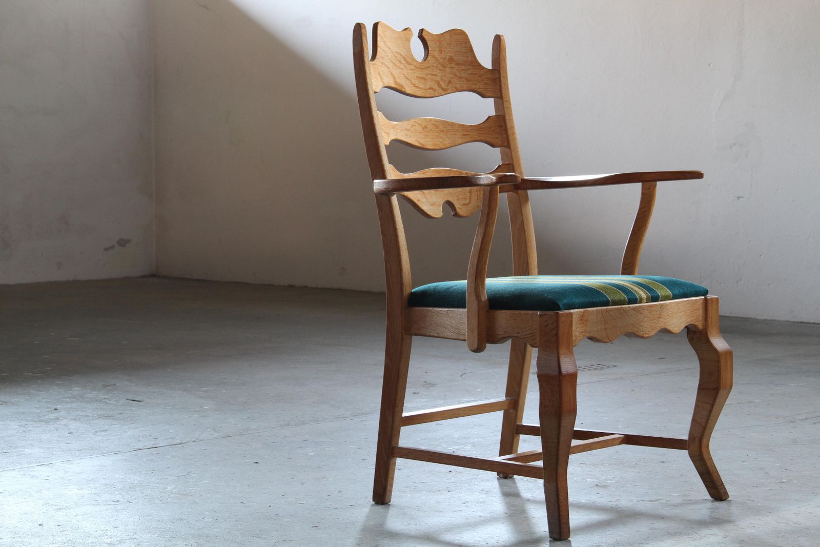 Vintage Brutalist Oak Razorblade Green Striped Armchair By H. Kjærnulf, 1960s photo furniture