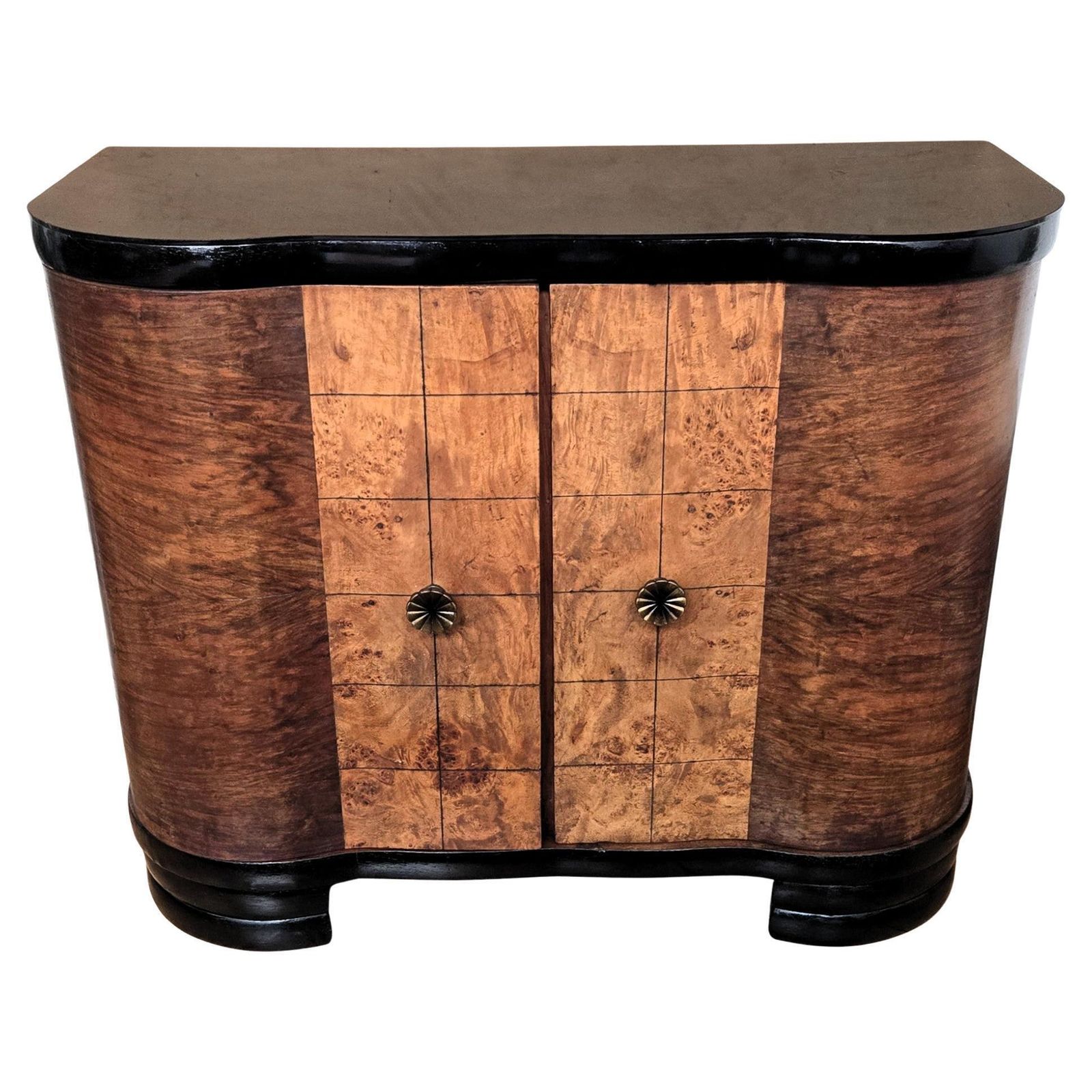 Italian 1960s Art Deco Mid Century Burl Walnut Mirror Mosaic Dry Bar Cabinet