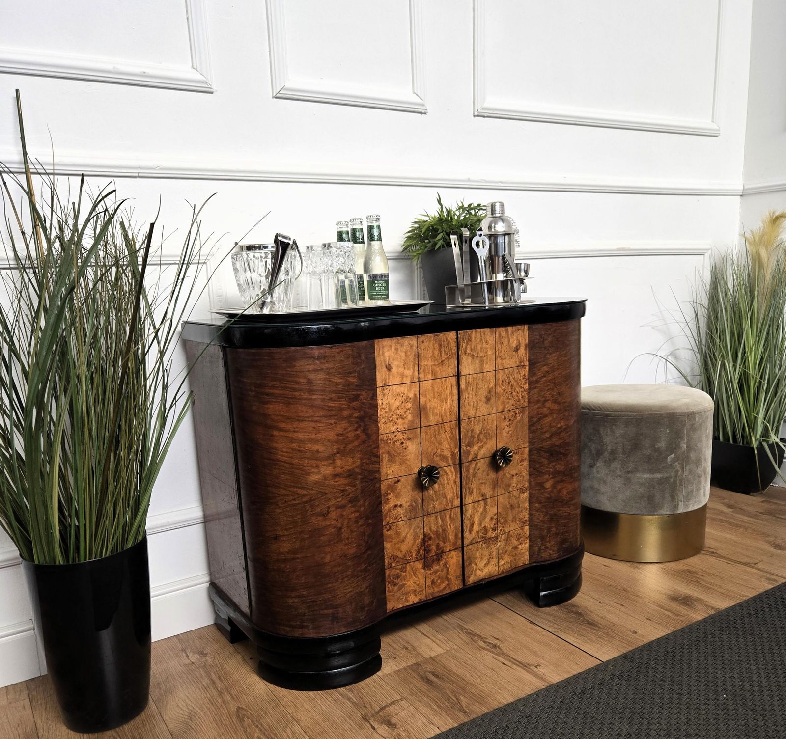 Italian 1960s Art Deco Mid Century Burl Walnut Mirror Mosaic Dry Bar Cabinet photo furniture
