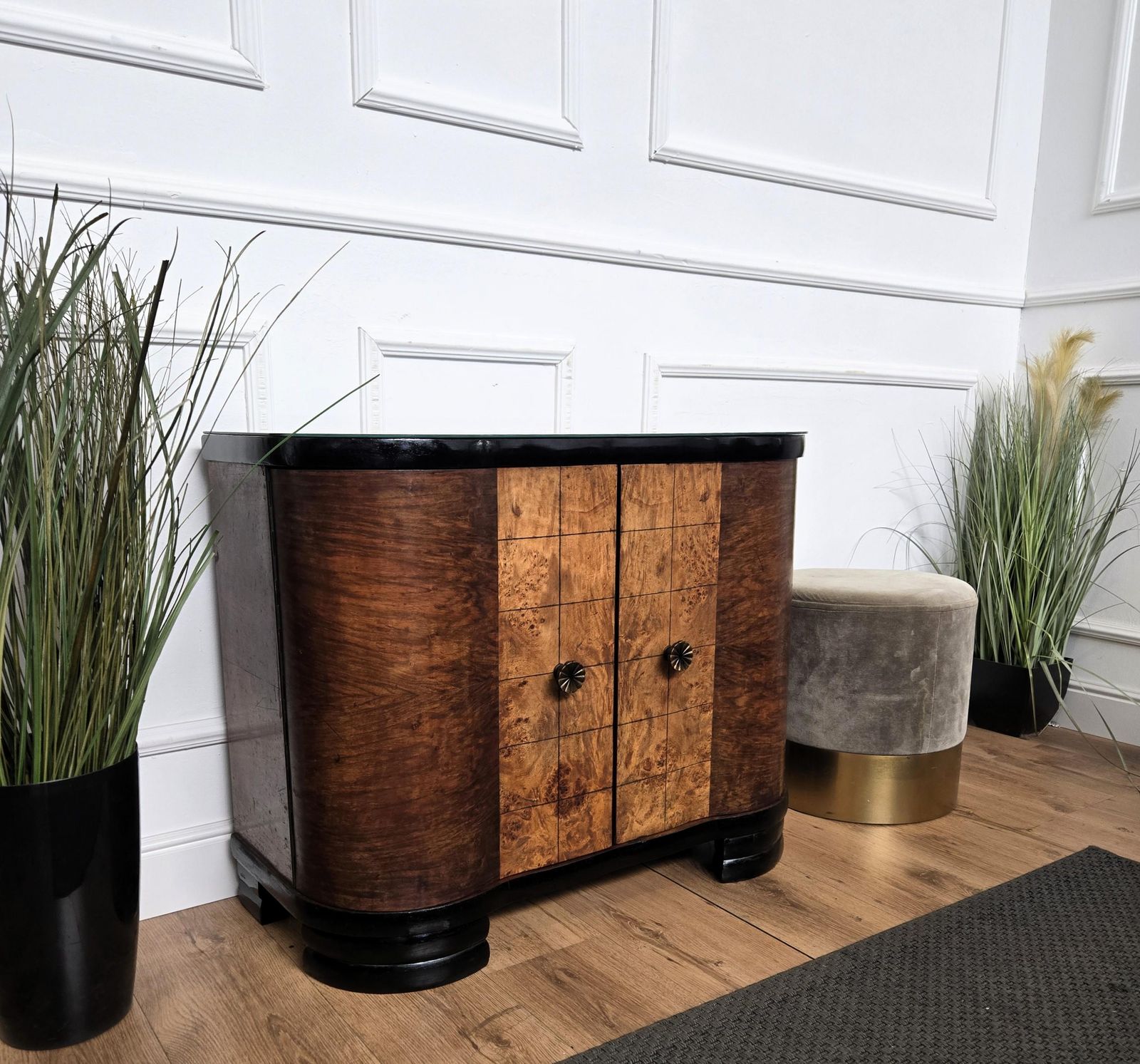 photo furniture Italian 1960s Art Deco Mid Century Burl Walnut Mirror Mosaic Dry Bar Cabinet