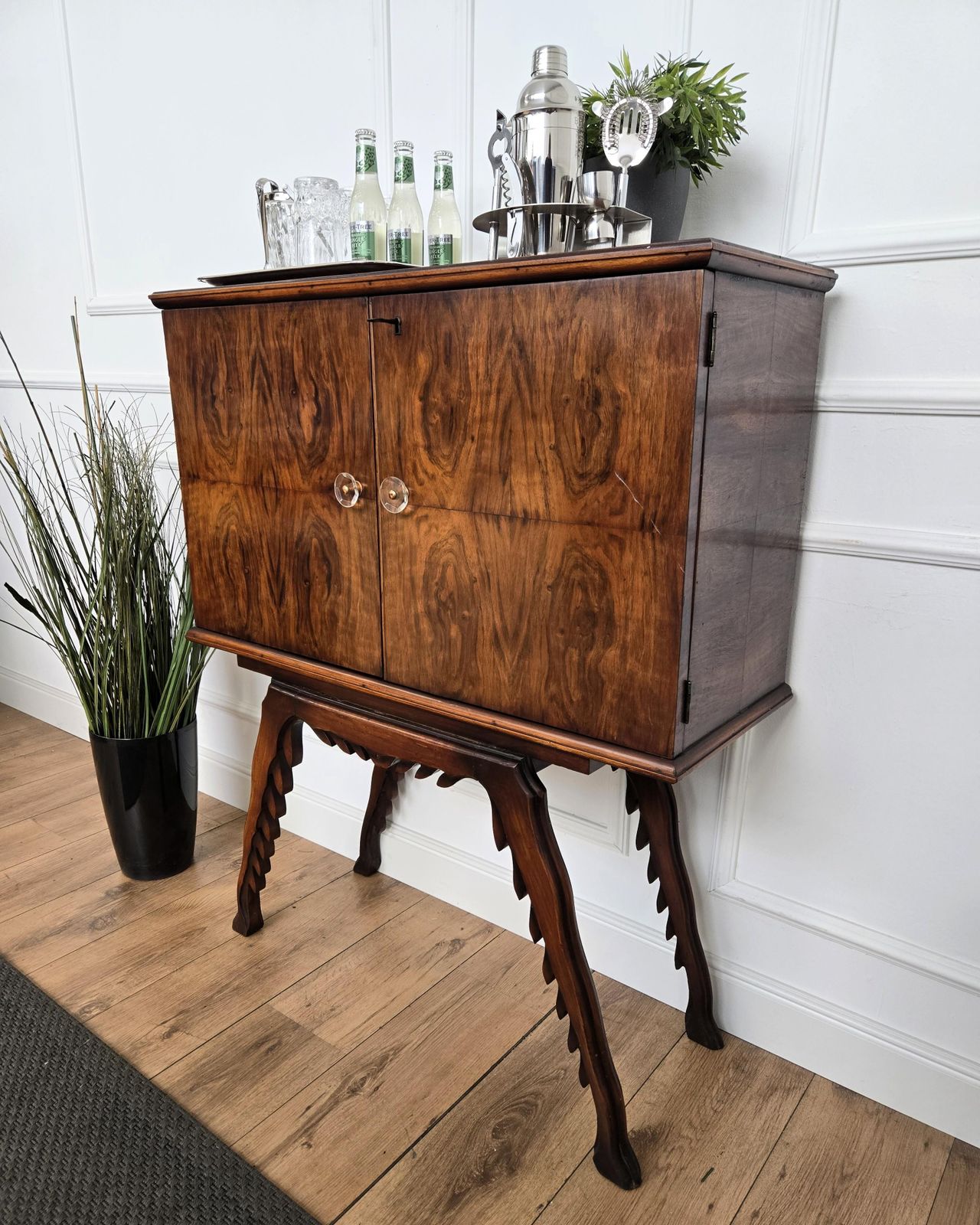 1950s Art Deco Midcentury Italian Walnut Mirror Mosaic Sideboard Bar Cabinet photo furniture