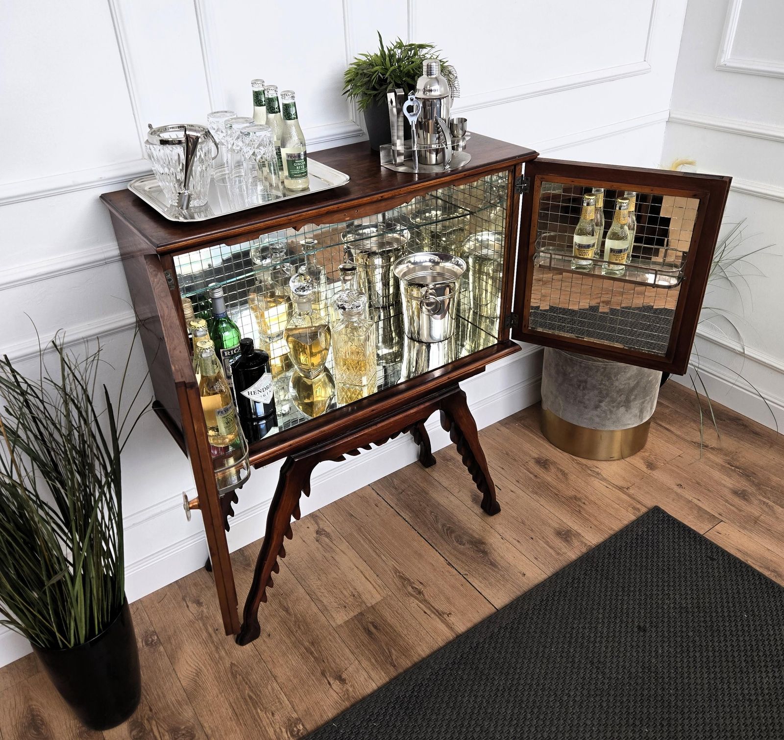1950s Art Deco Midcentury Italian Walnut Mirror Mosaic Sideboard Bar Cabinet photo 3366.0