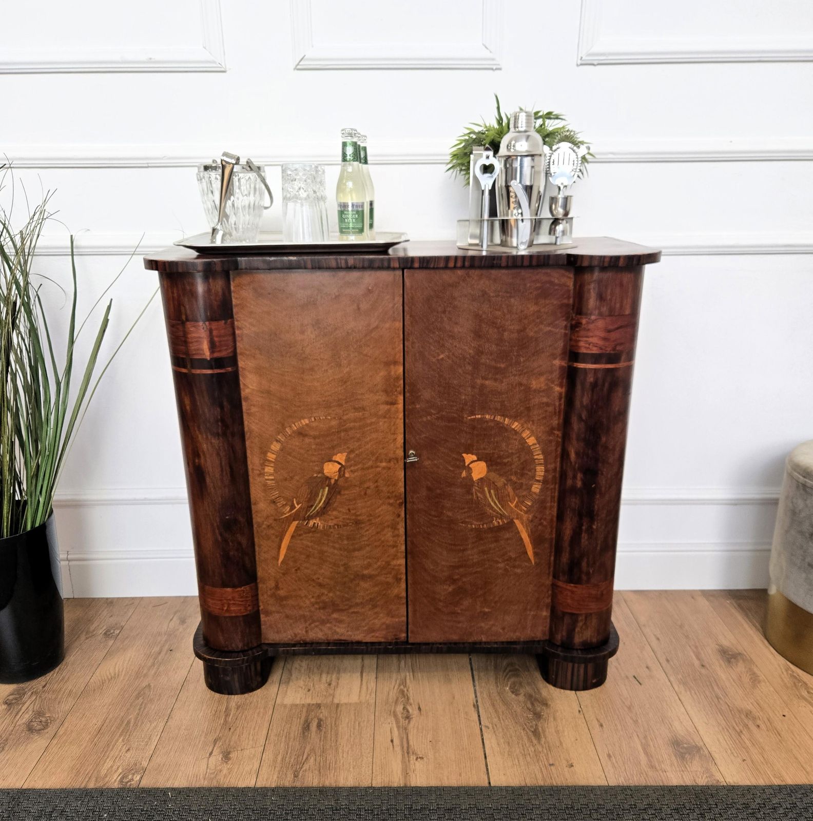 1950s Art Deco Mid Century Modern Italian Walnut Burl Glass Top Dry Bar Cabinet photo for sale