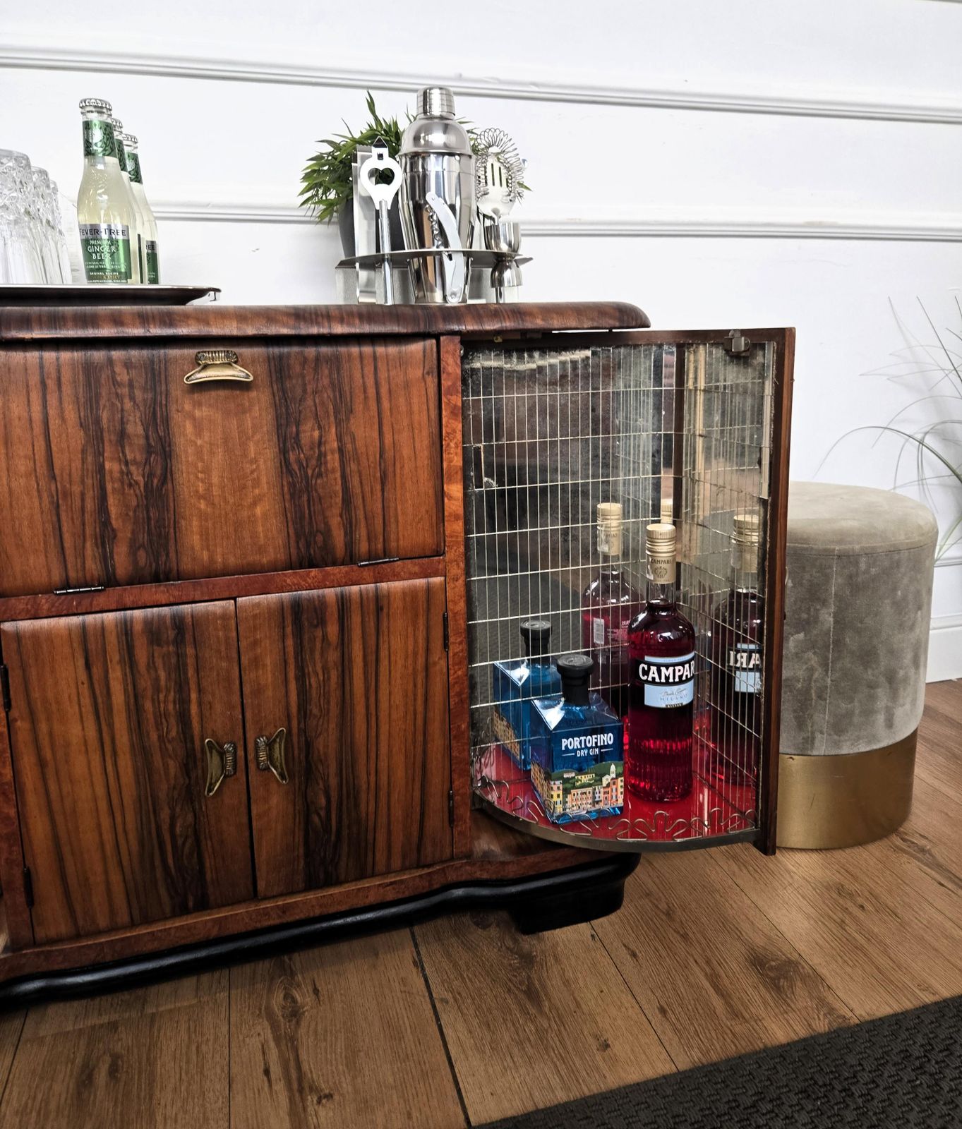 1960s Art Deco Mid Century Italian Walnut Burl And Mirror Mosaic Dry Bar Cabinet photo vintage